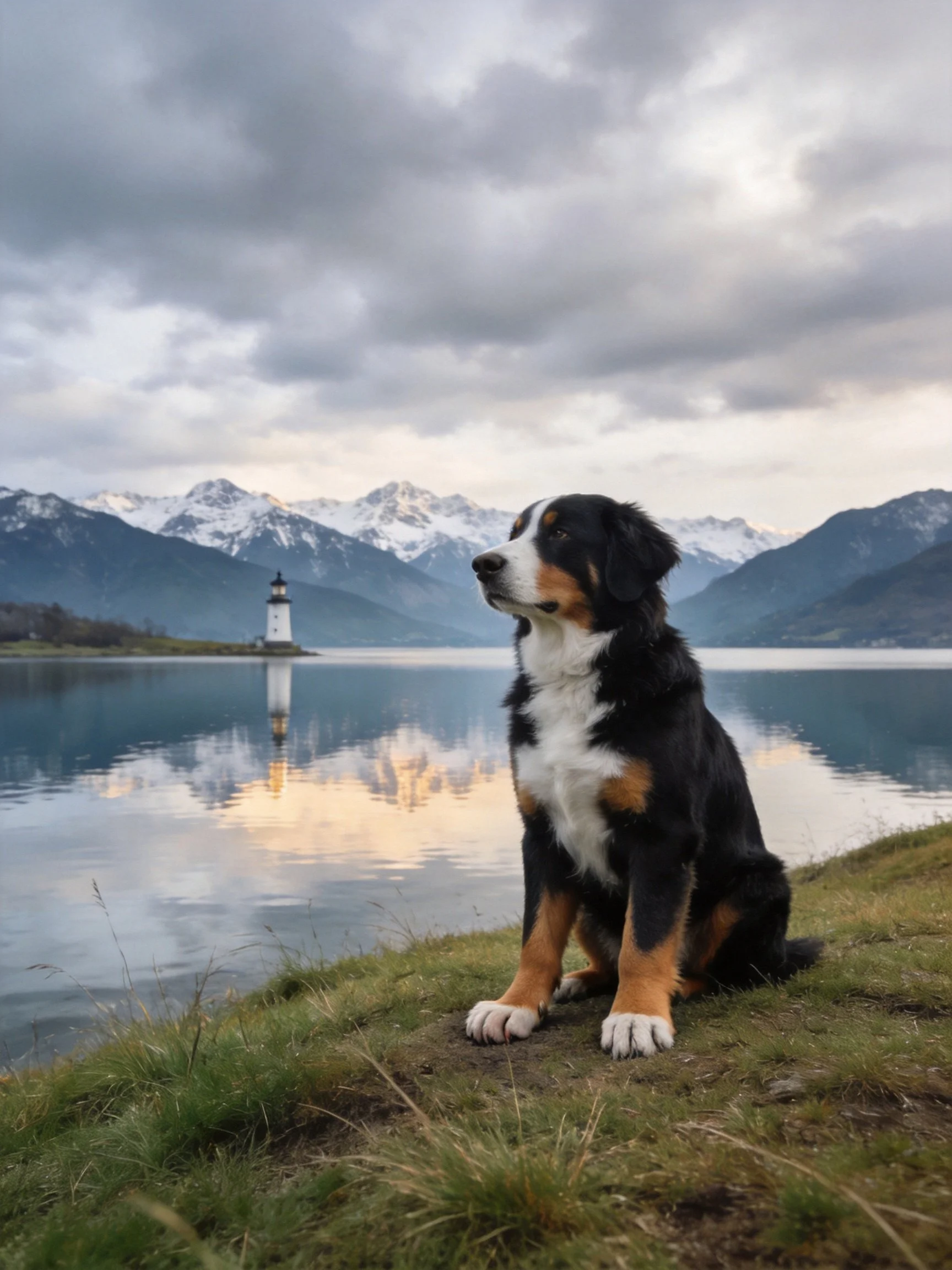 A Bernese Mountain Dog sits by a serene lake with snow-capped mountains and a lighthouse