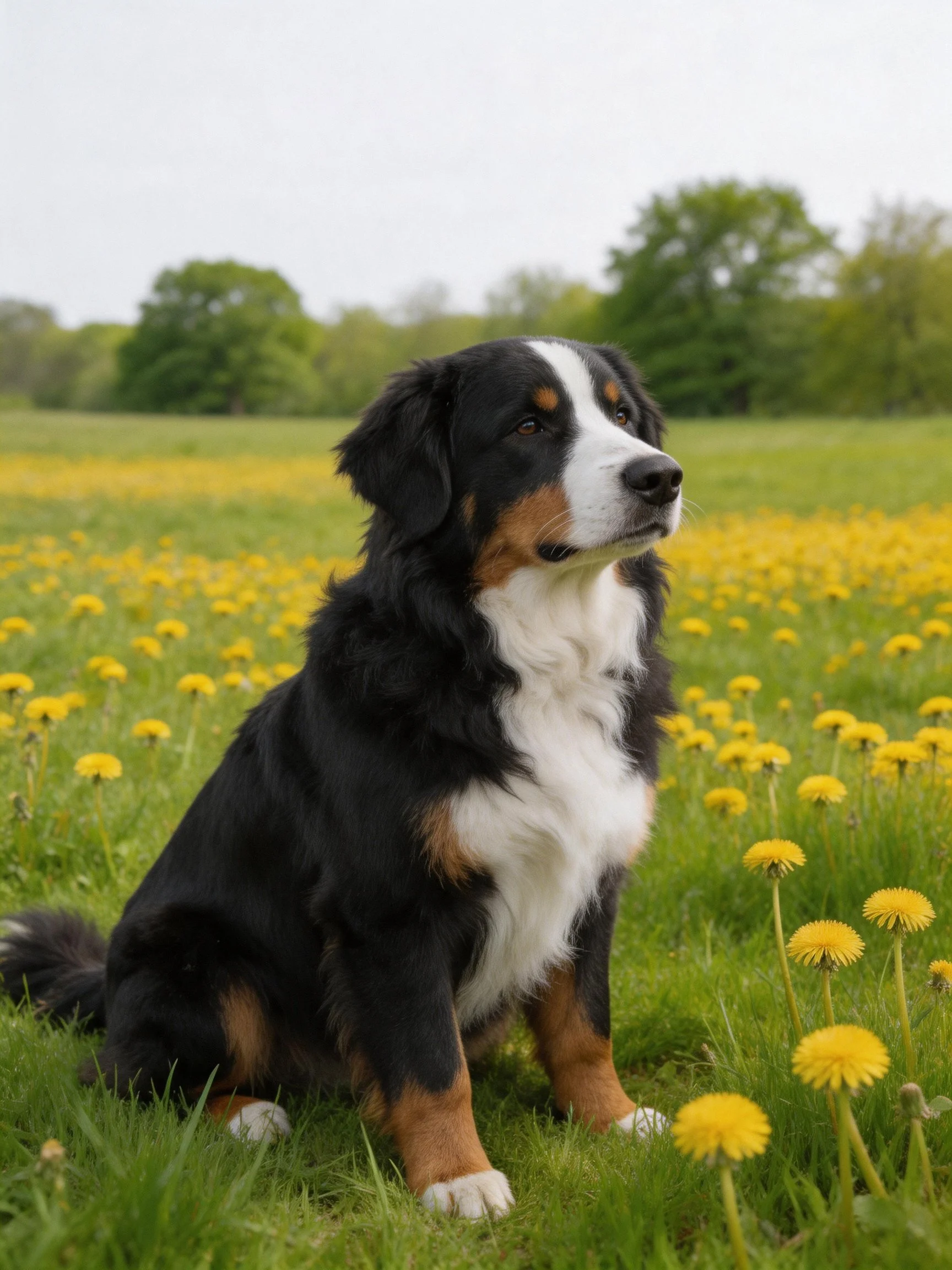 A Bernese Mountain Dog sits in a field of yellow dandelions near green trees