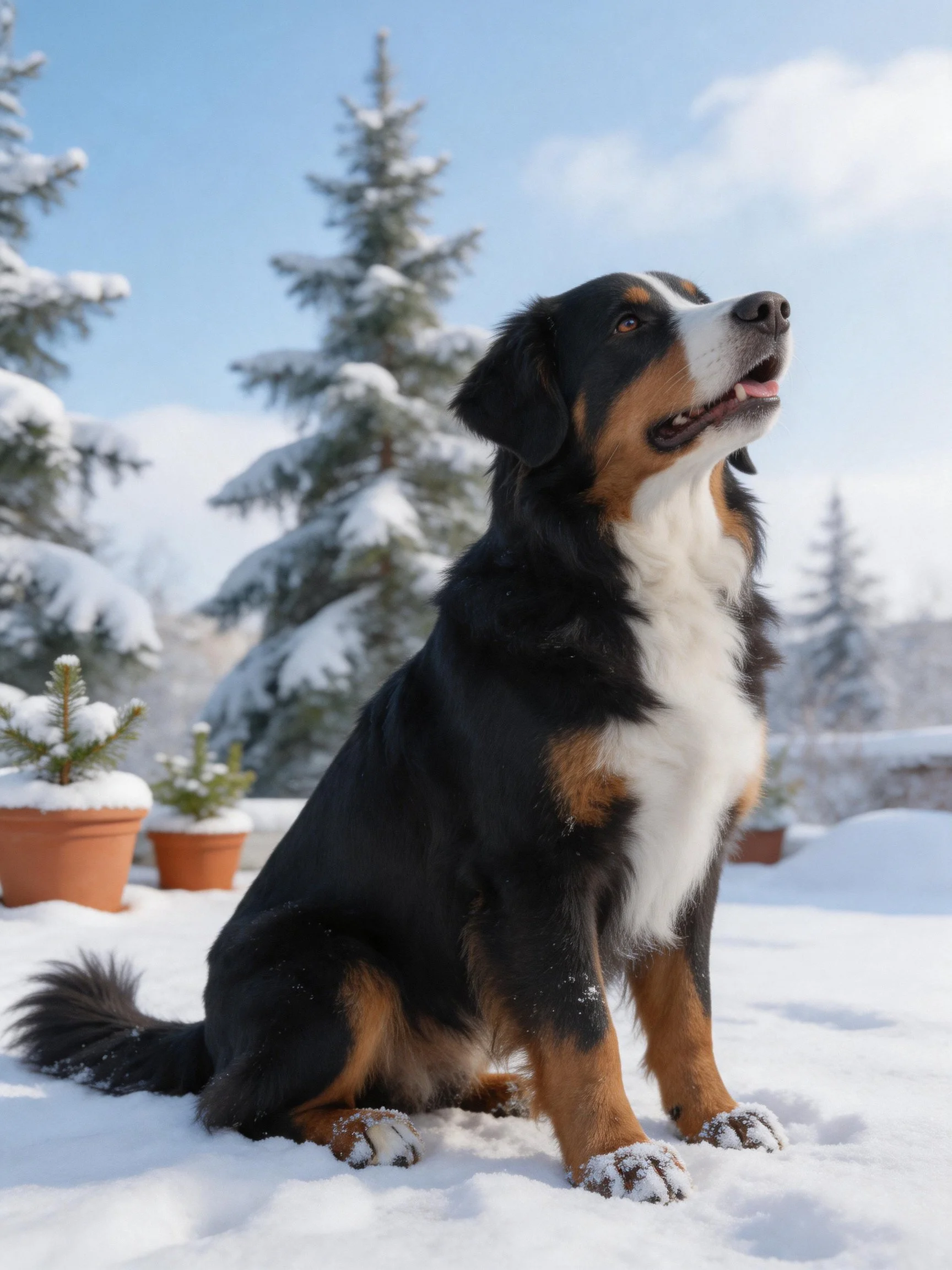 A Bernese Mountain Dog sits in a snowy landscape with evergreen trees