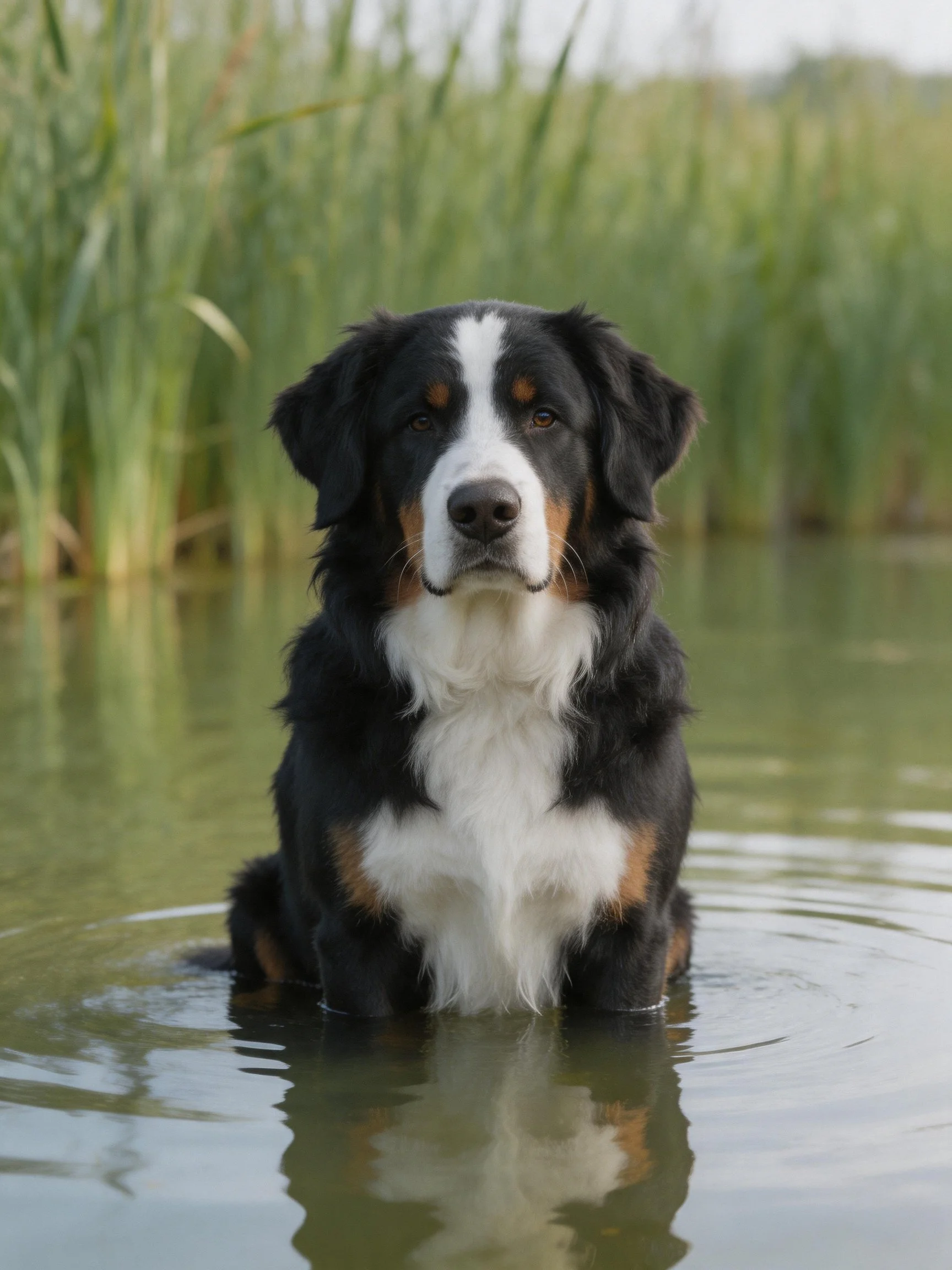 A Bernese Mountain Dog sits in shallow water near tall green reeds