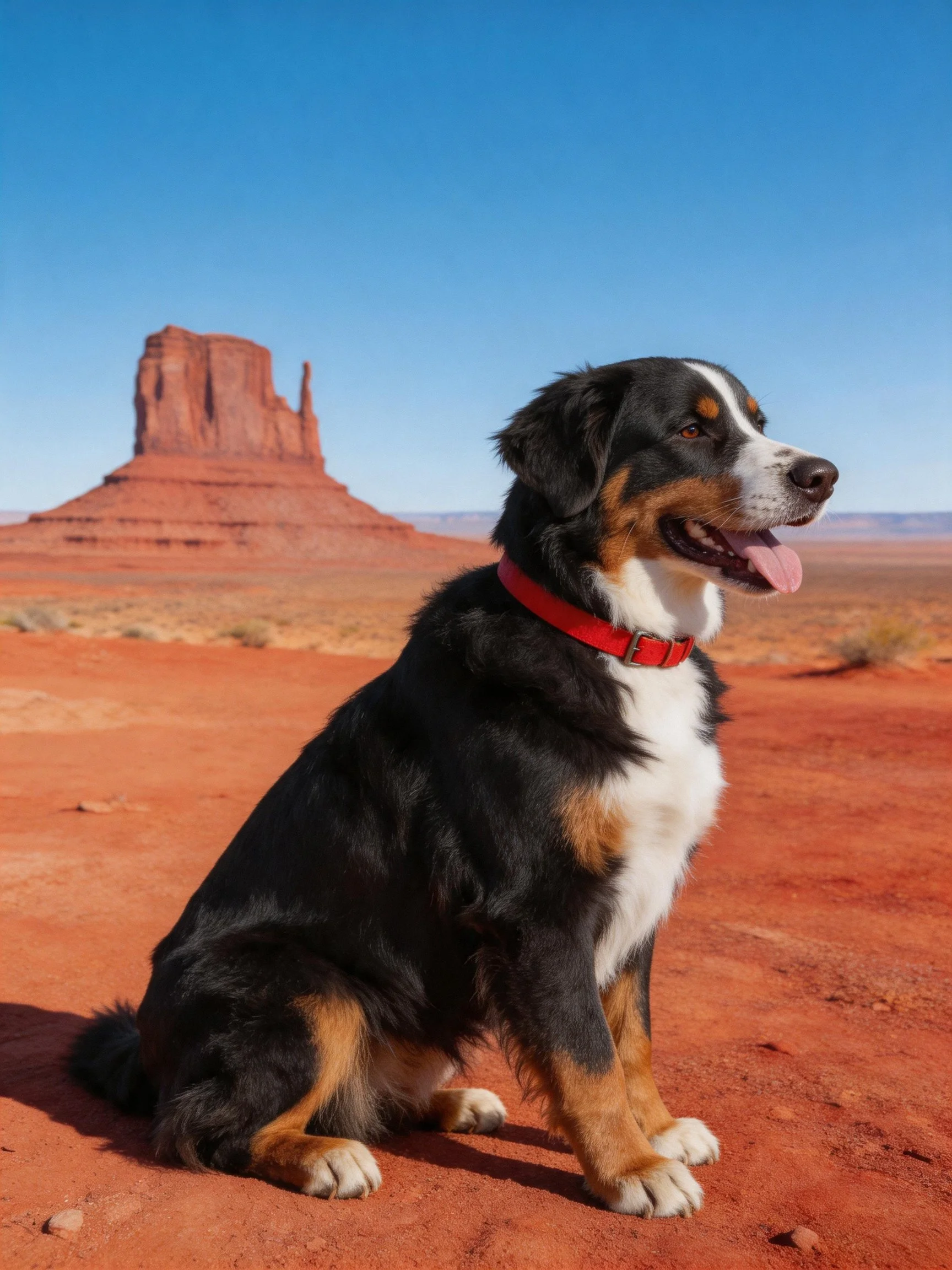 A Bernese Mountain Dog sits near a red sandstone butte under clear blue sky