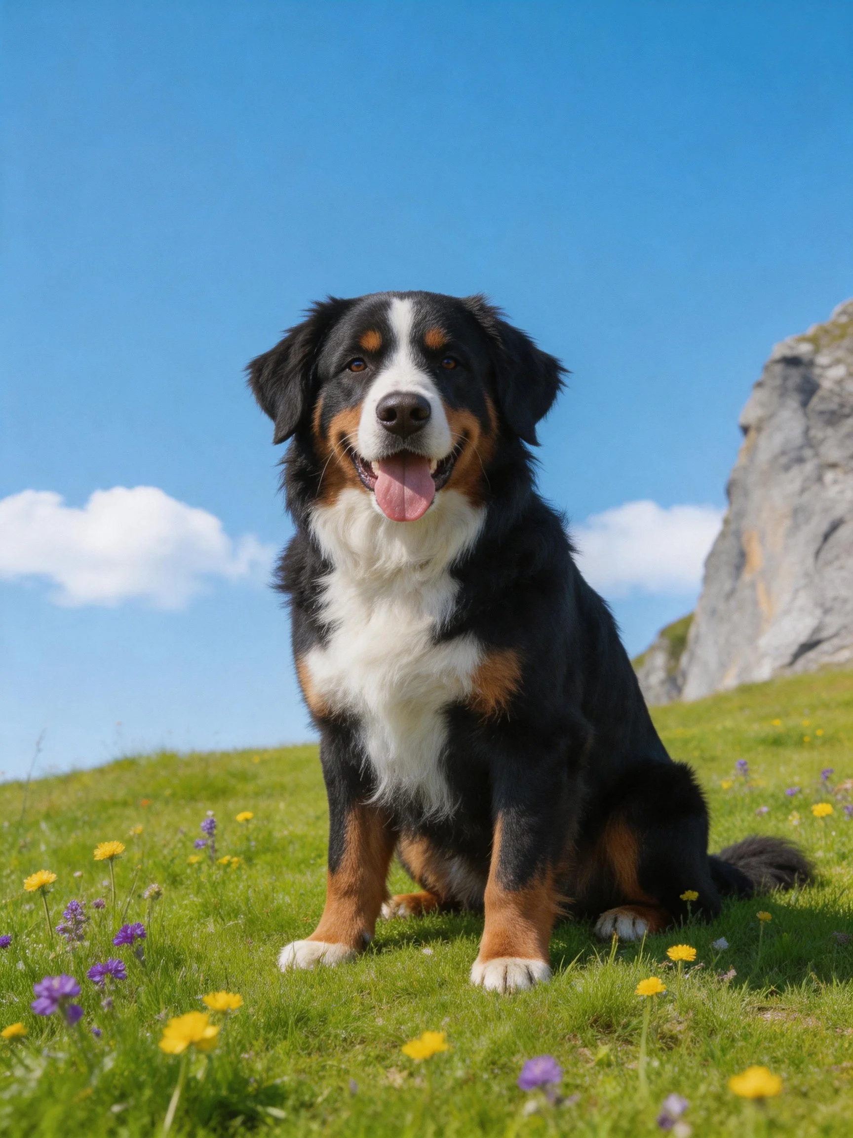 A Bernese Mountain Dog sits on a flower-dotted grassy hillside