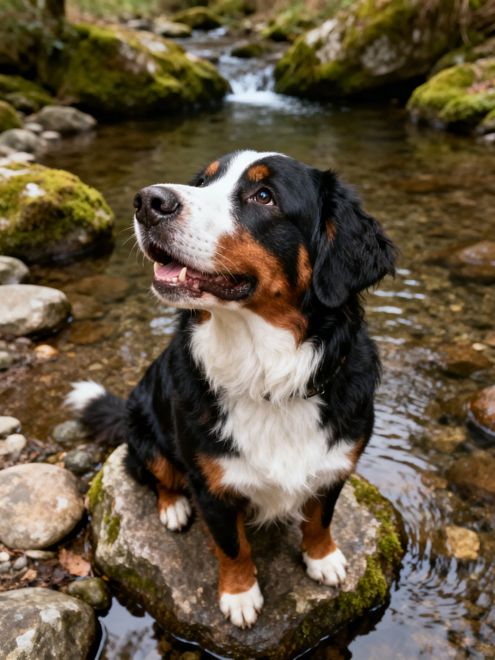A Bernese Mountain Dog sits on a moss-covered rock by a clear stream