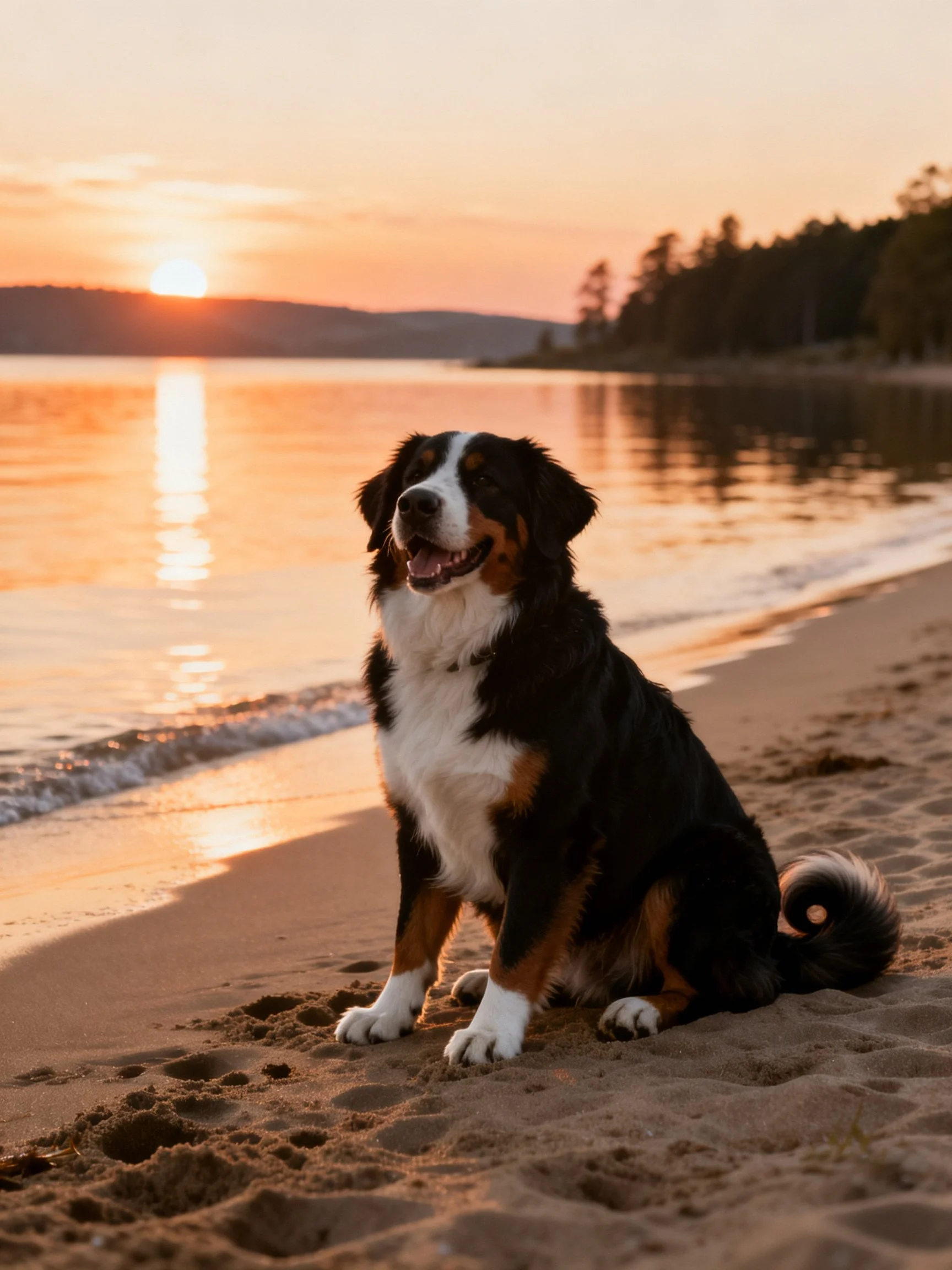 A Bernese Mountain Dog sits on a sandy beach at sunset