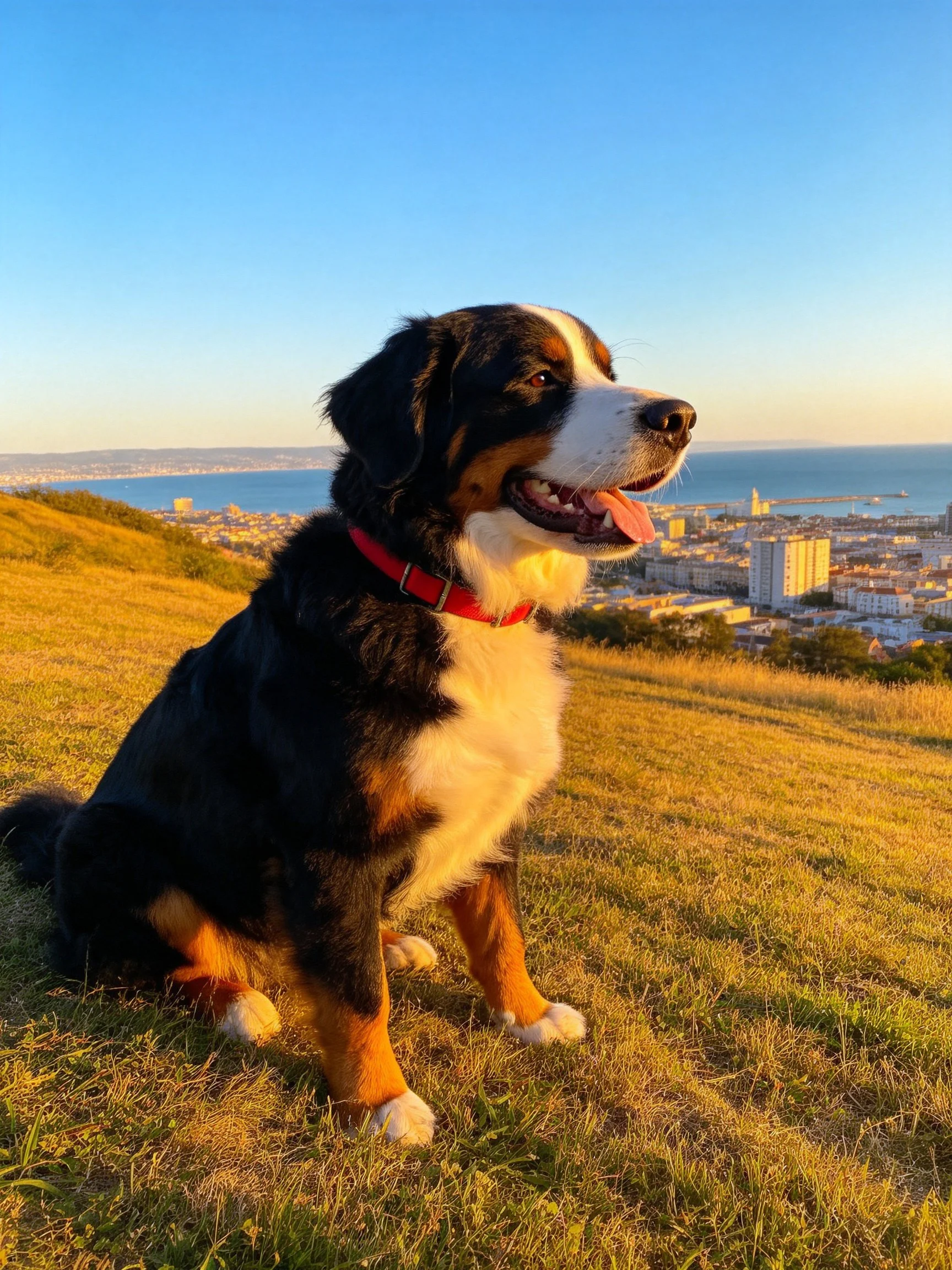 A Bernese Mountain Dog sits on golden grass near a coastal cityscape