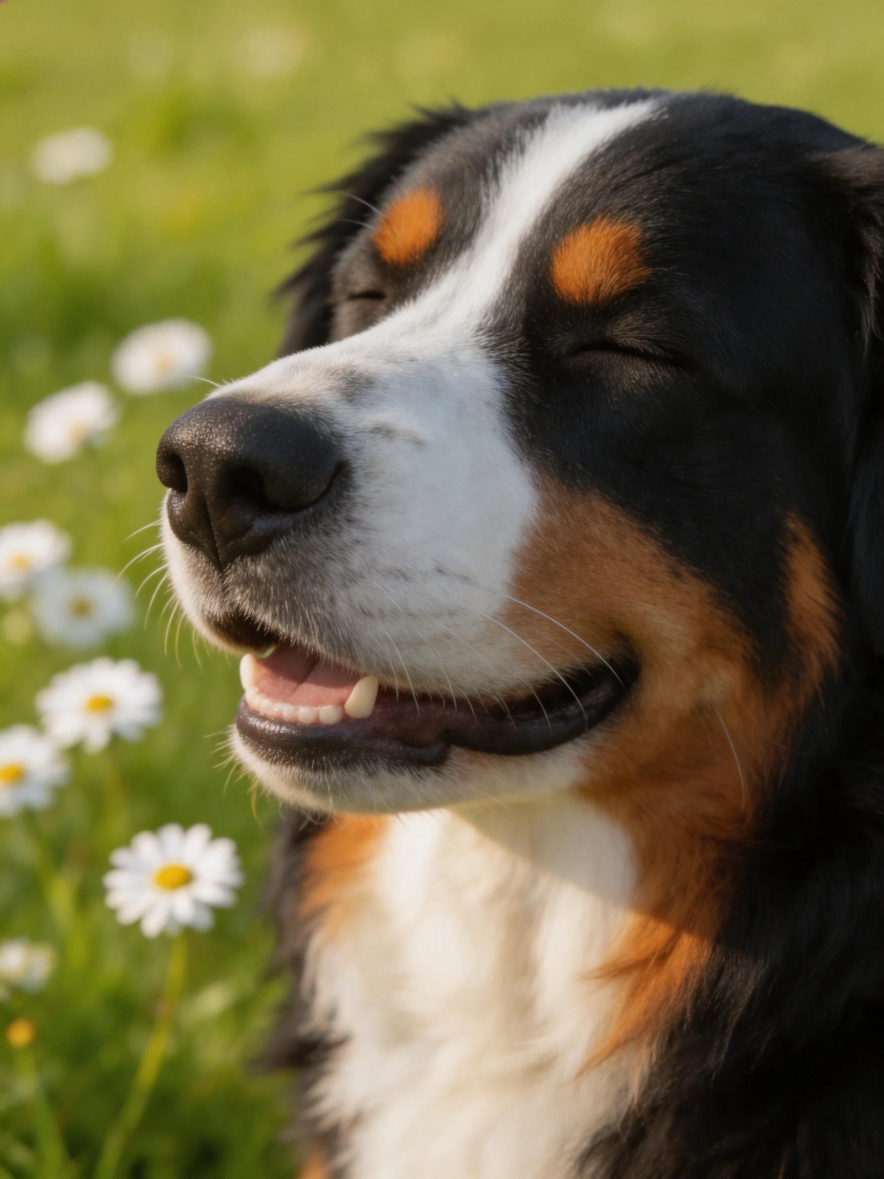 A Bernese Mountain Dog smiling near white daisies in a green meadow