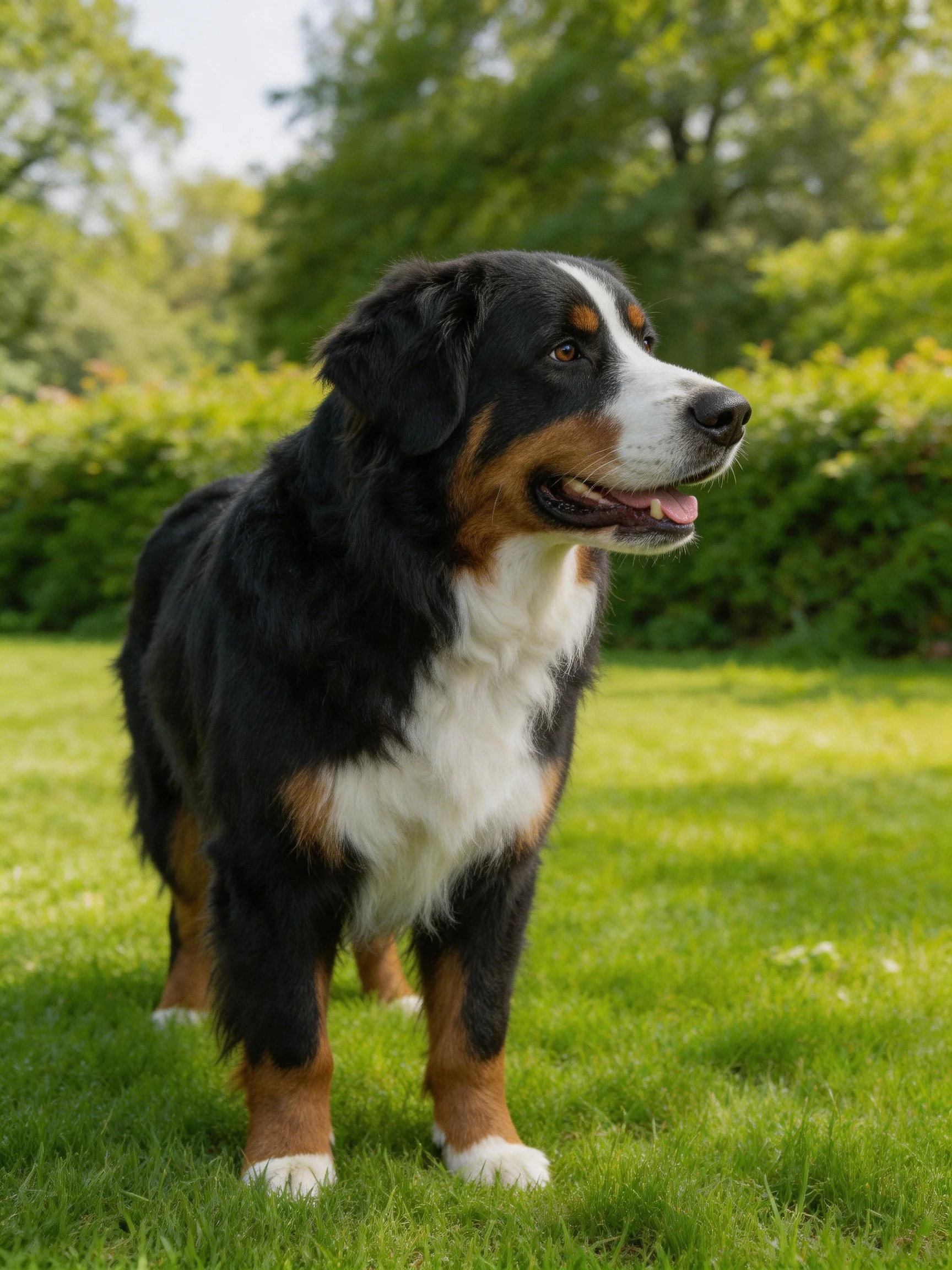 A Bernese Mountain Dog standing on lush green grass with trees behind