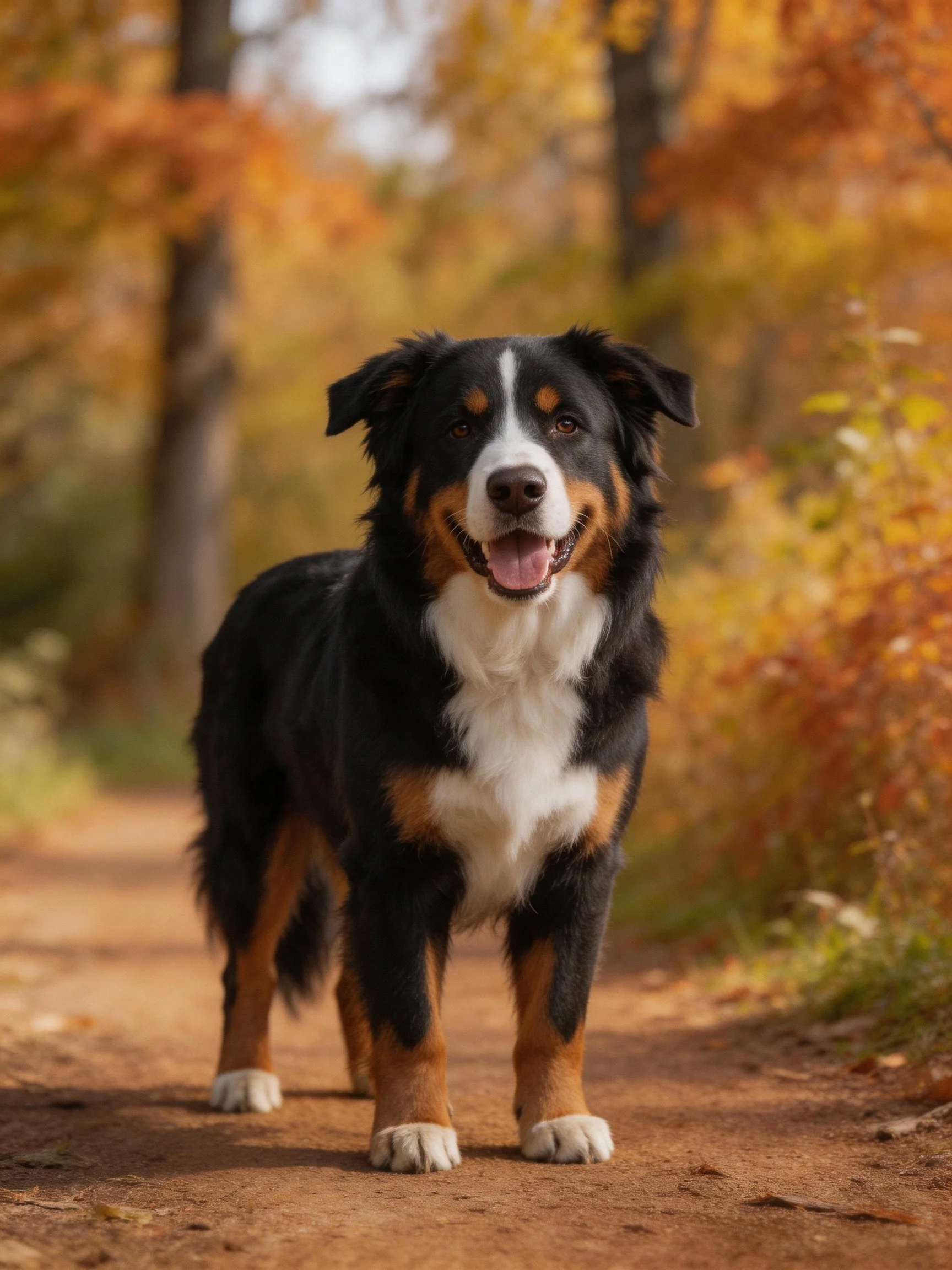 A Bernese Mountain Dog stands on a dirt path surrounded by autumn-colored trees