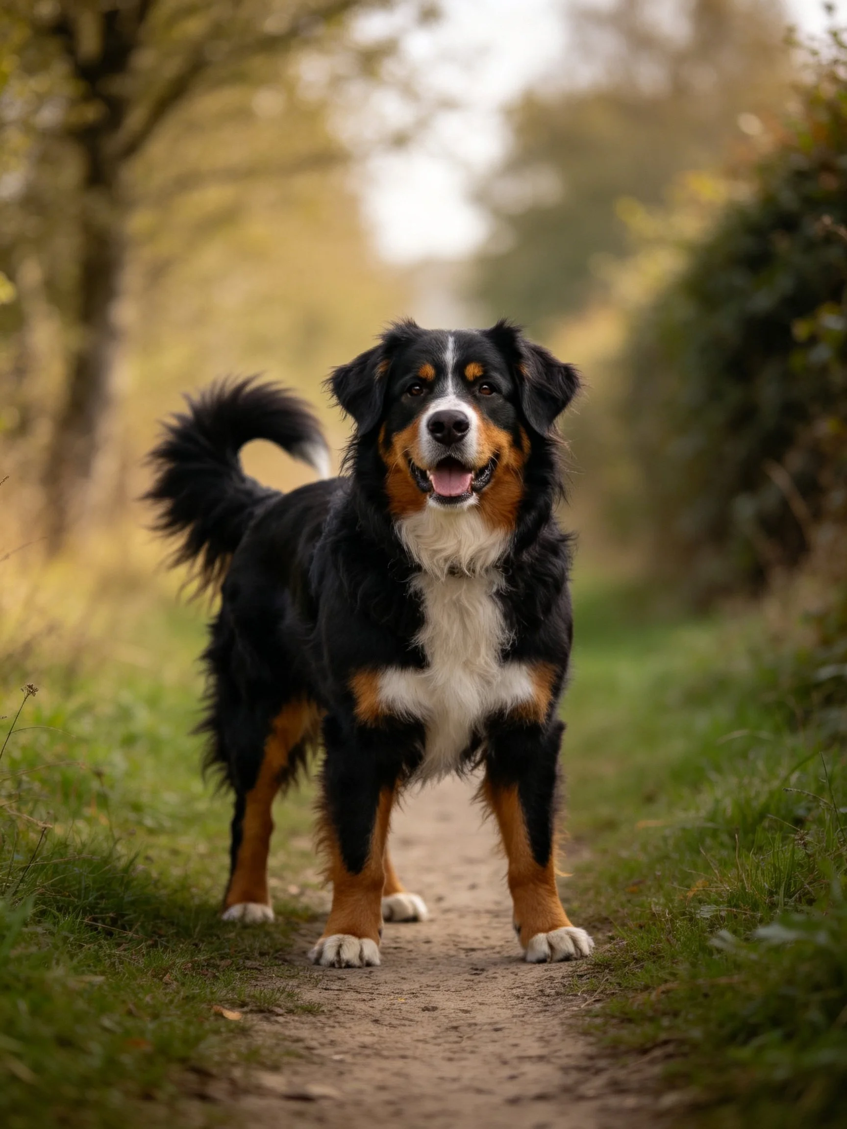 A Bernese Mountain Dog stands on a dirt path surrounded by greenery