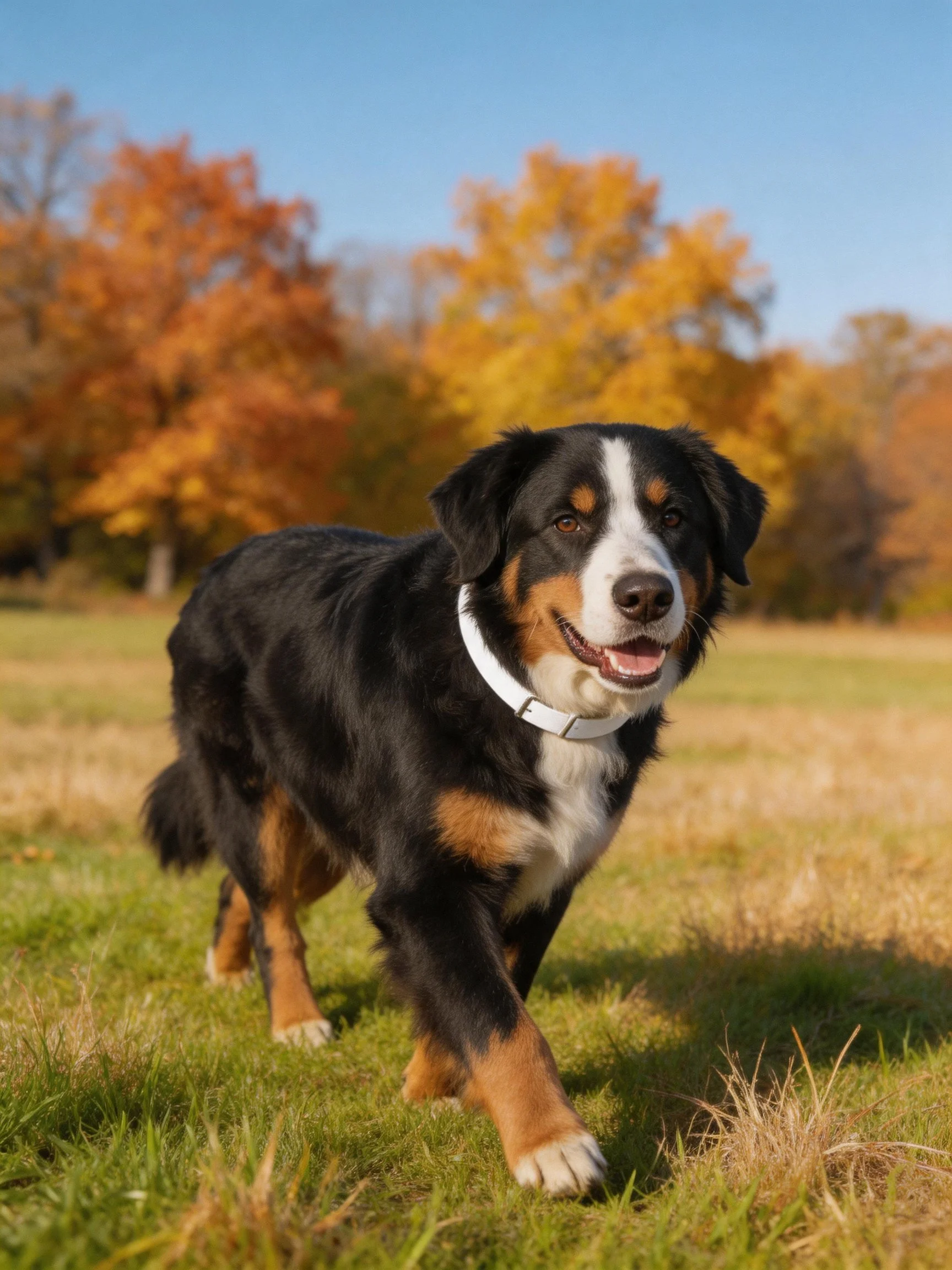 A Bernese Mountain Dog walking in a sunlit autumn field with colorful trees