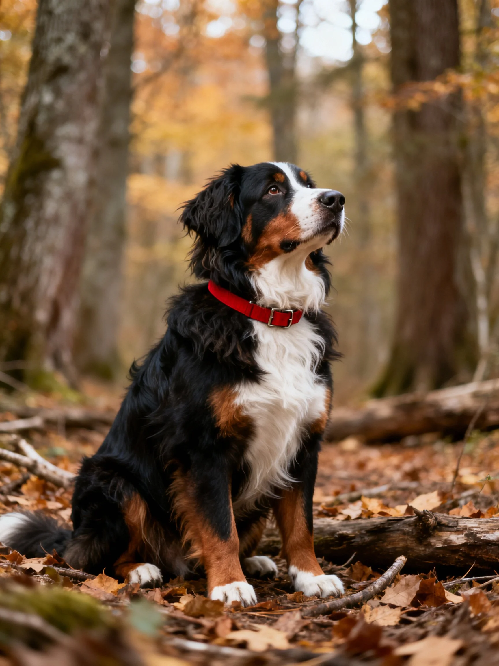 A Bernese Mountain Dog with a red collar sits amid autumn leaves in a forest