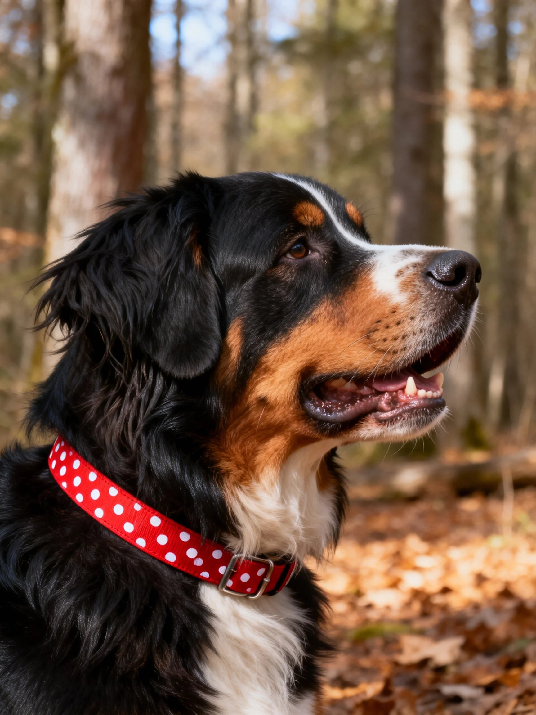 A Bernese Mountain Dog with a red polka dot collar in a forested area