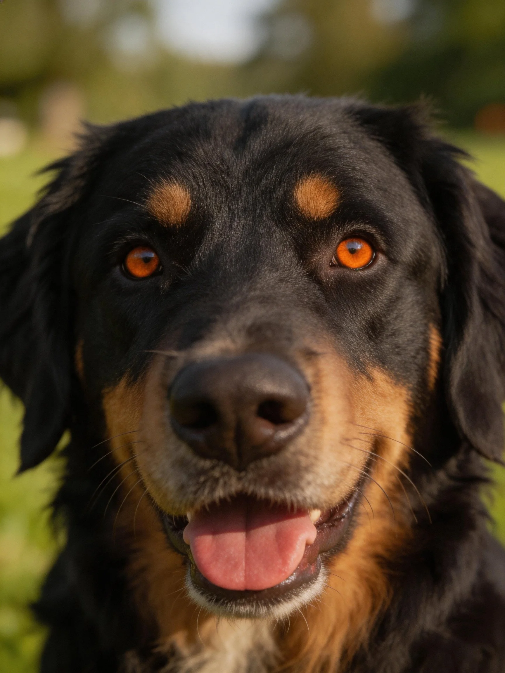 A Bernese Mountain Dog with black and tan fur, vibrant orange eyes