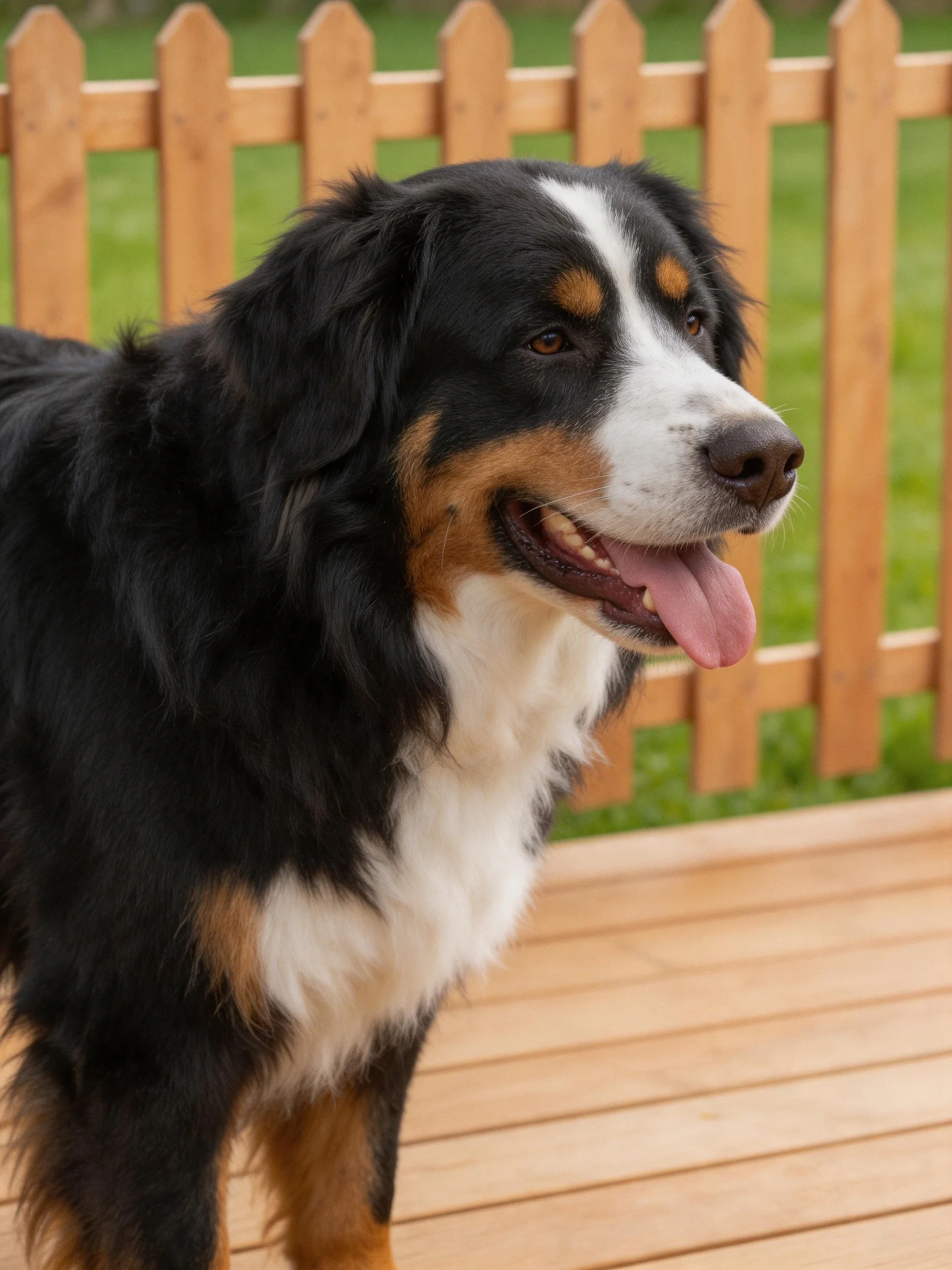 A Bernese Mountain Dog with black, white, and brown fur near a wooden fence