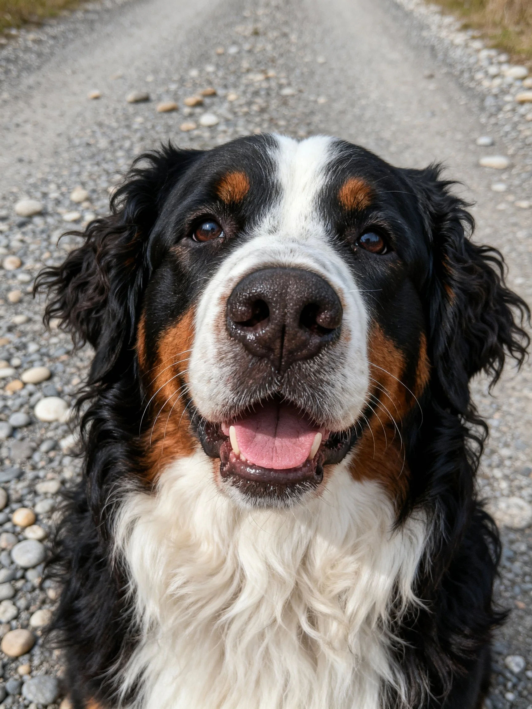 A Bernese Mountain Dog with black, white, and brown fur on a gravel path