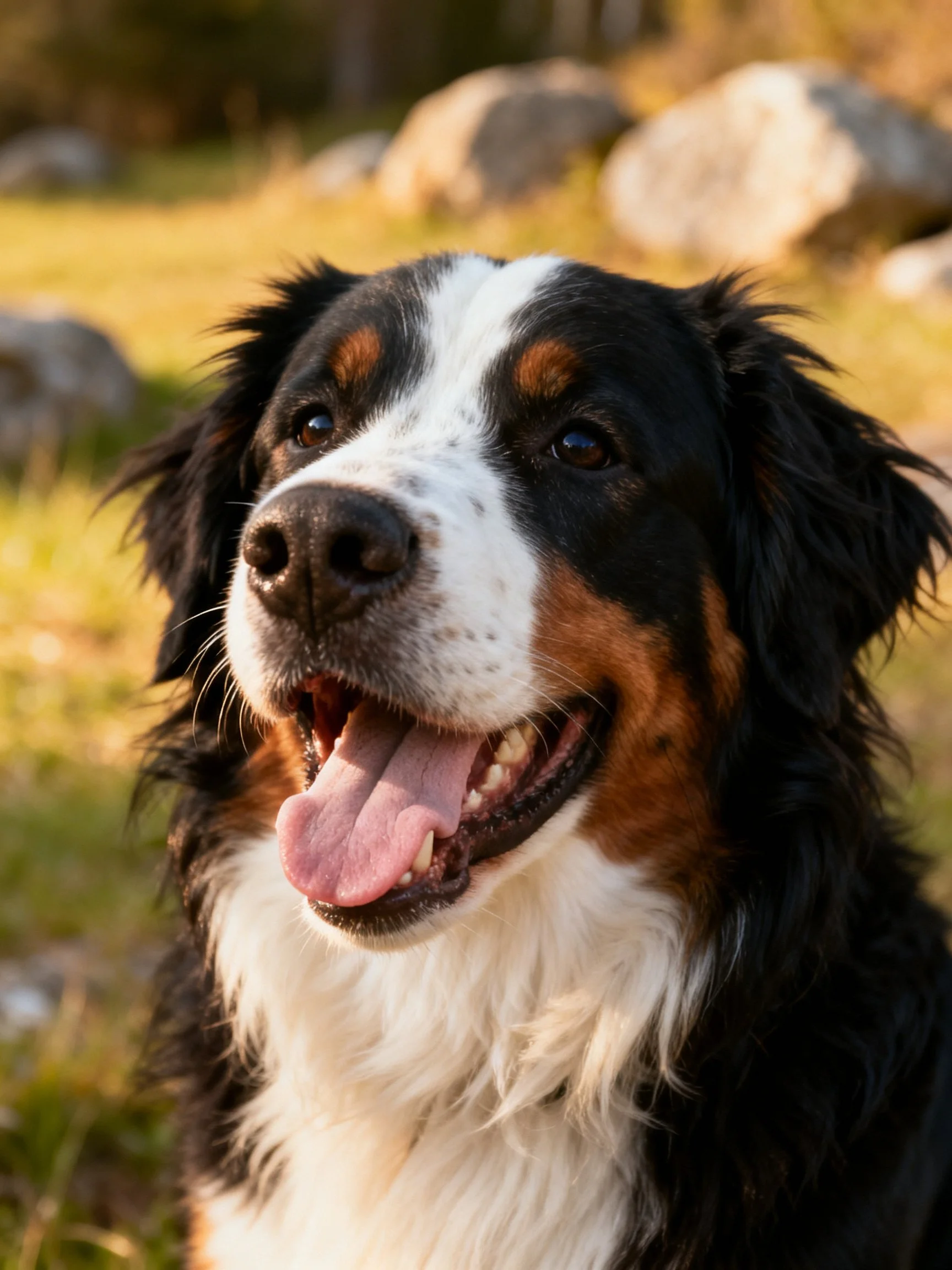 A Bernese Mountain Dog with black, white, and brown fur smiling outdoors
