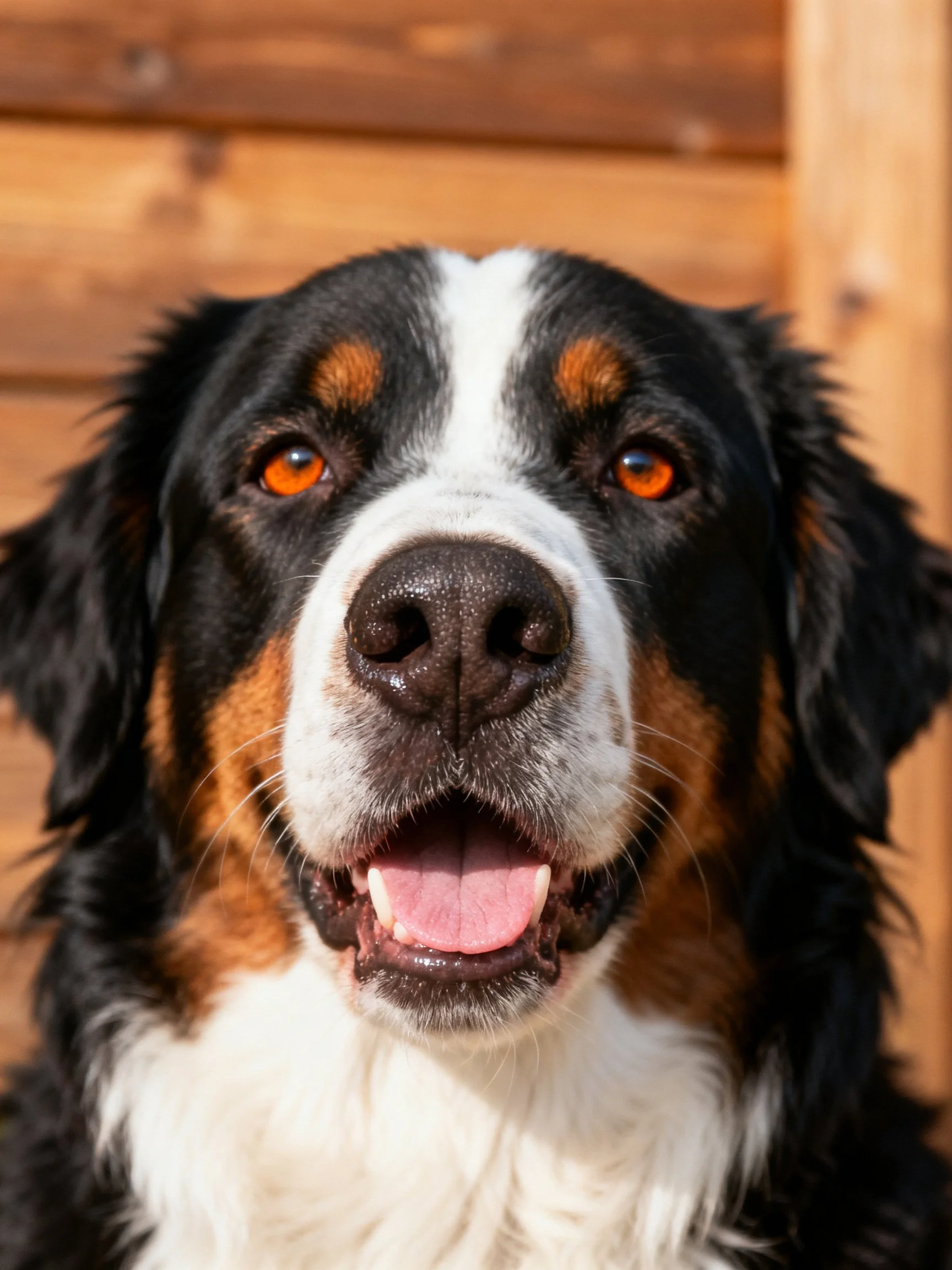 A Bernese Mountain Dog with black, white, and brown fur