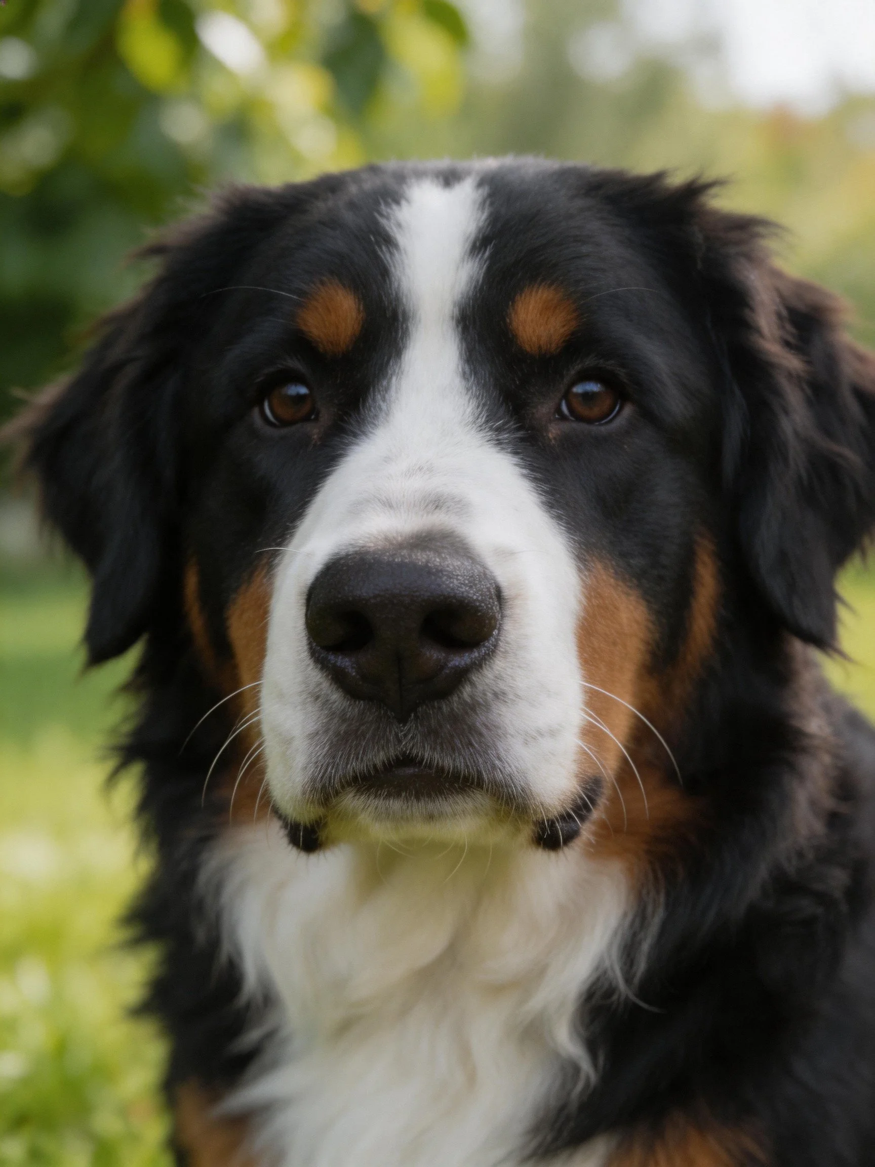 A Bernese Mountain Dog with black, white, and rust fur in an outdoor green setting