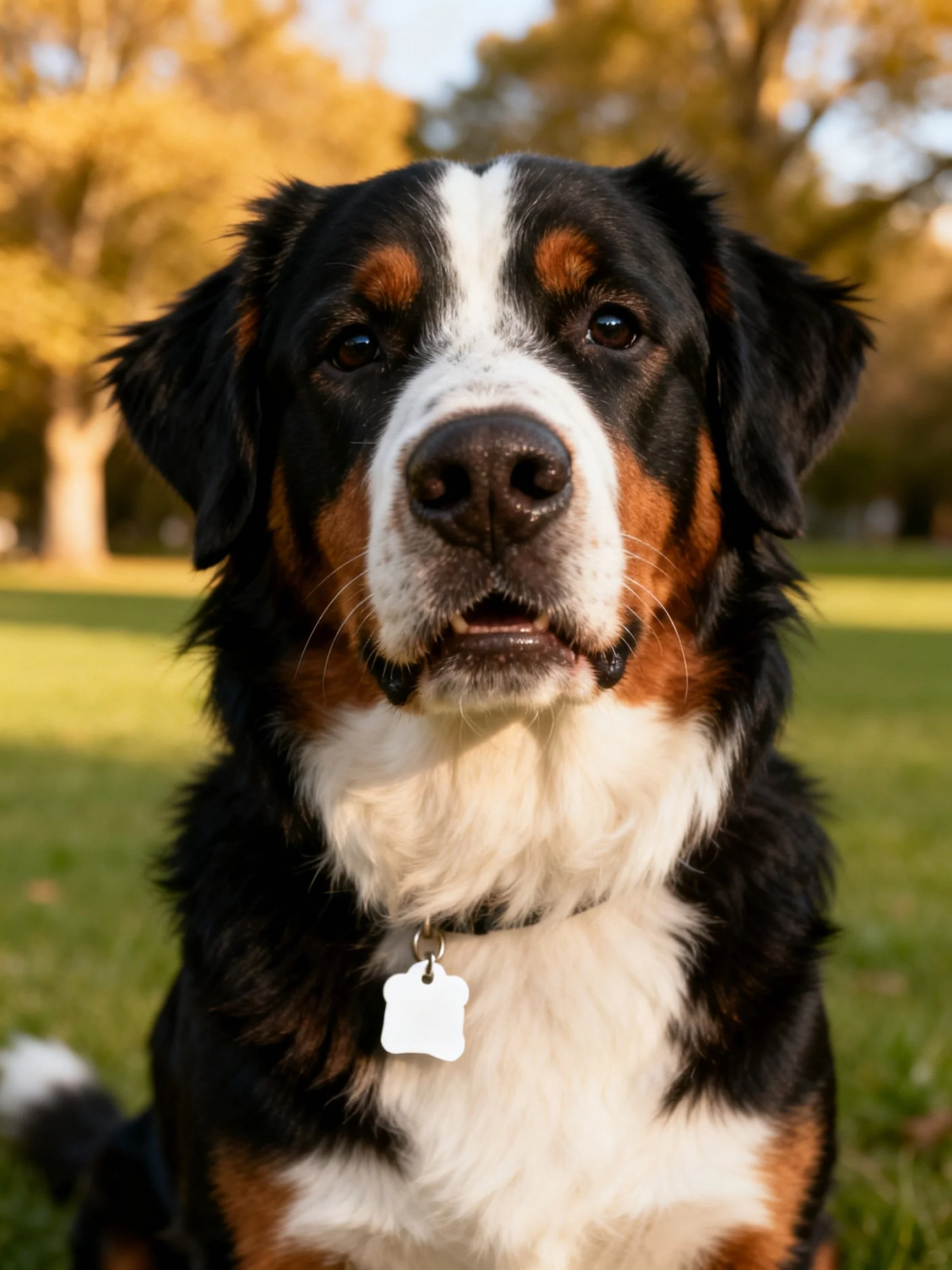 A Bernese Mountain Dog sits calmly in an outdoor park setting