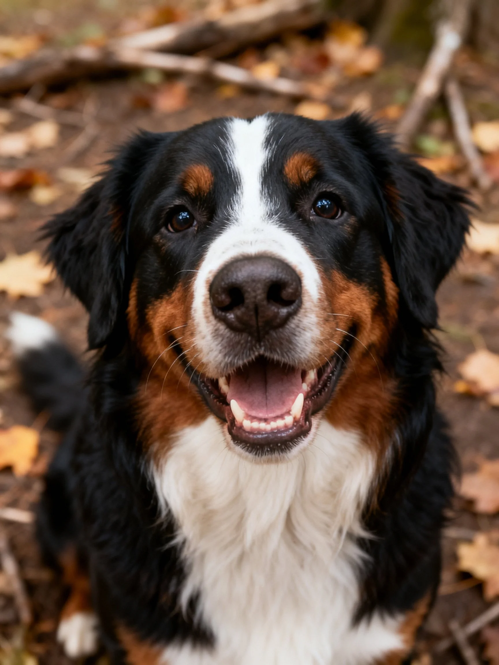 A Bernese Mountain Dog with black, white, and rust furin an autumn landscape