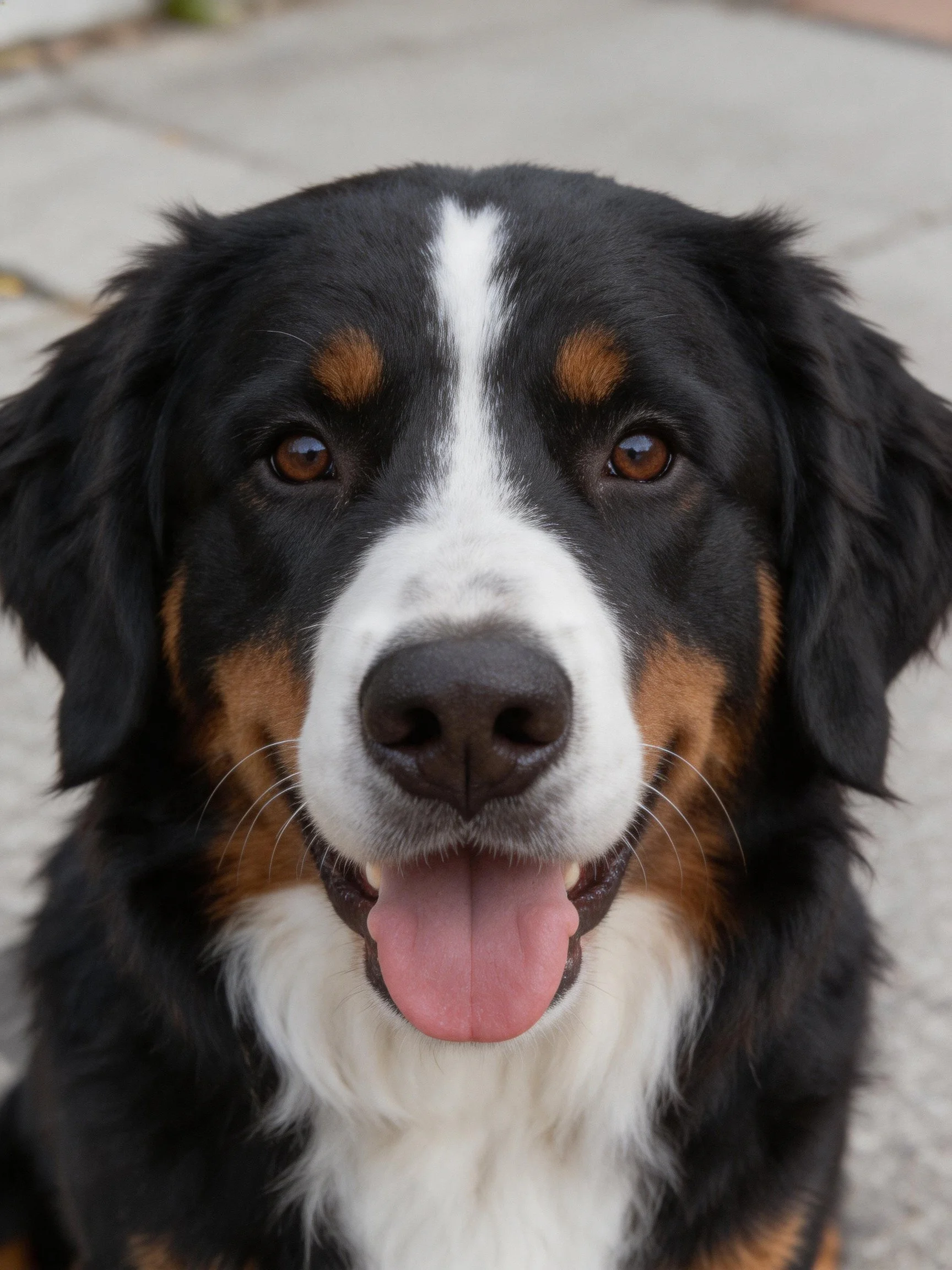 A cheerful Bernese Mountain Dog with black, white, and tan fur poses outdoors.