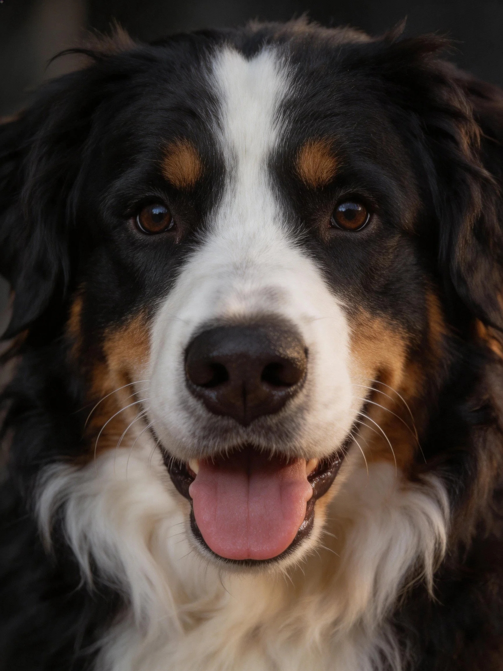 A Bernese Mountain Dog with black, white, and tan fur