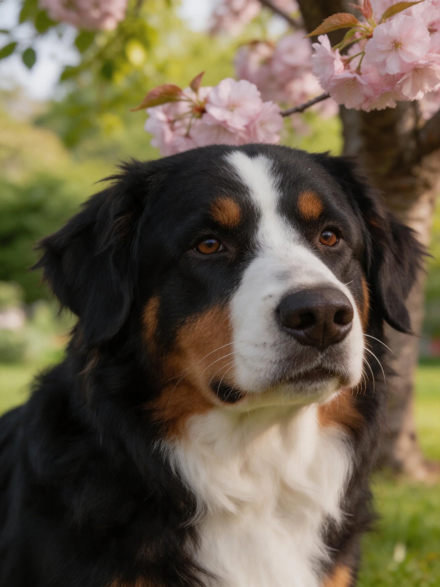 A Bernese Mountain Dog with black, white, and tan fur near pink cherry blossoms