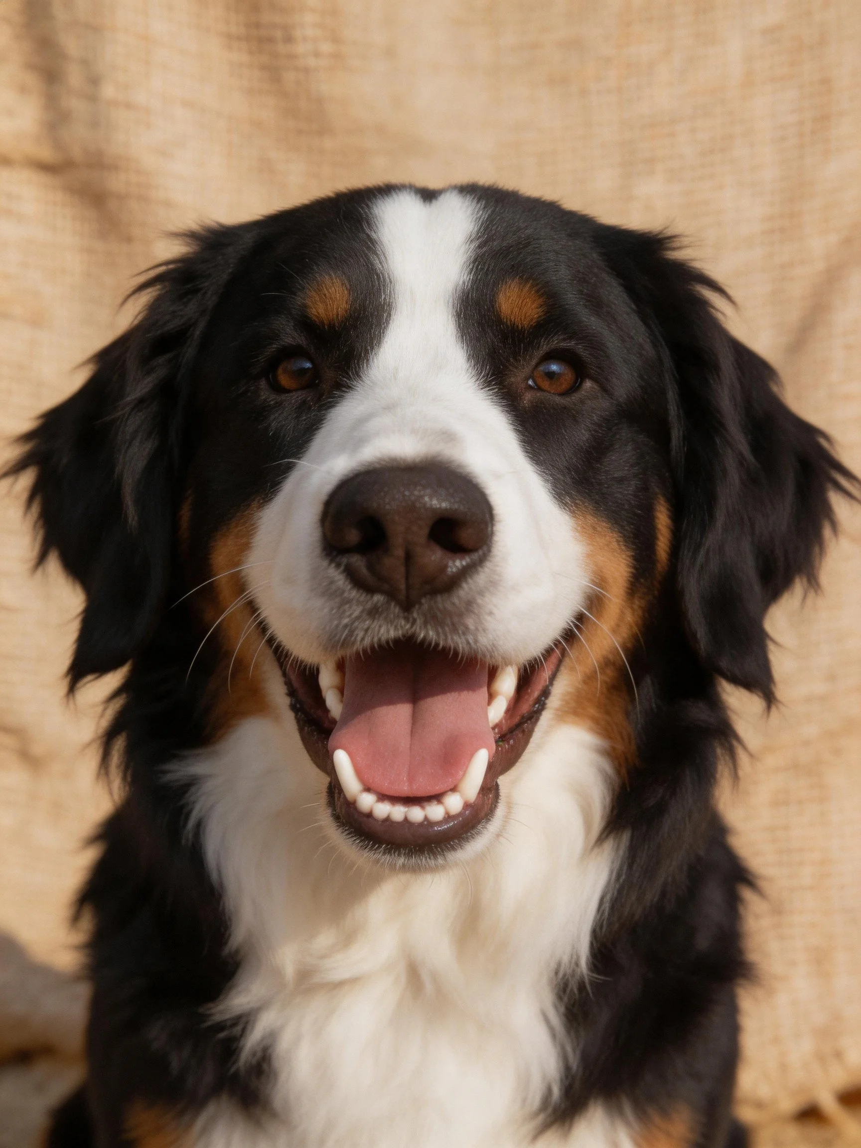 A Bernese Mountain Dog with black, white, and tan fur smiling happily