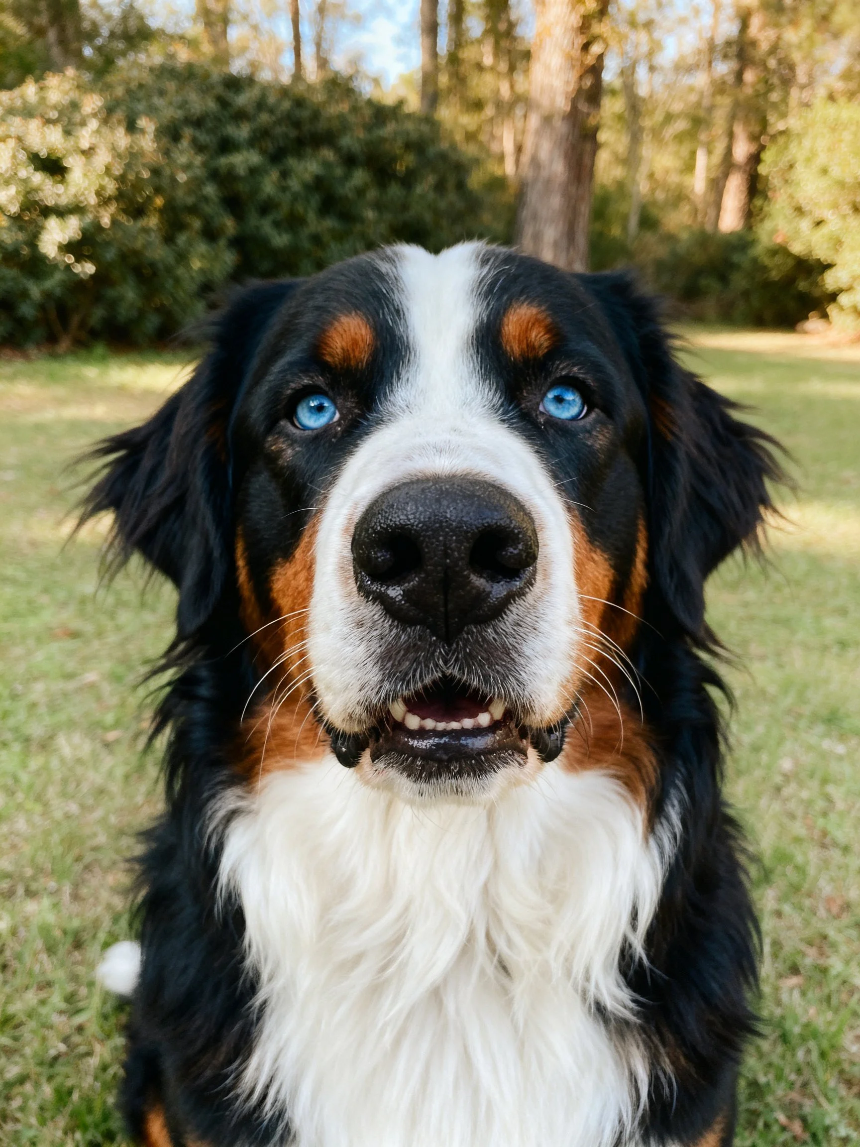 A Bernese Mountain Dog with blue eyes on a grassy outdoor area
