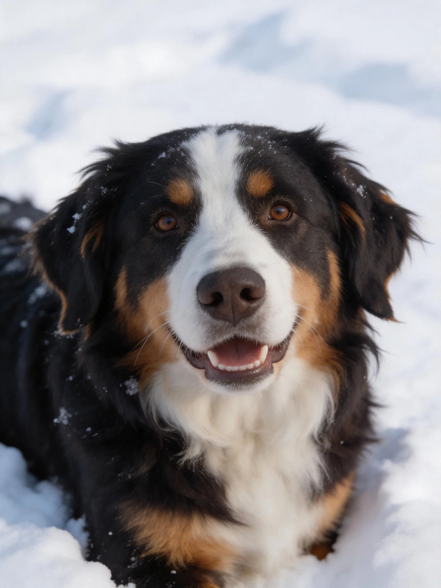 A Bernese Mountain Dog with tri-color fur in snow