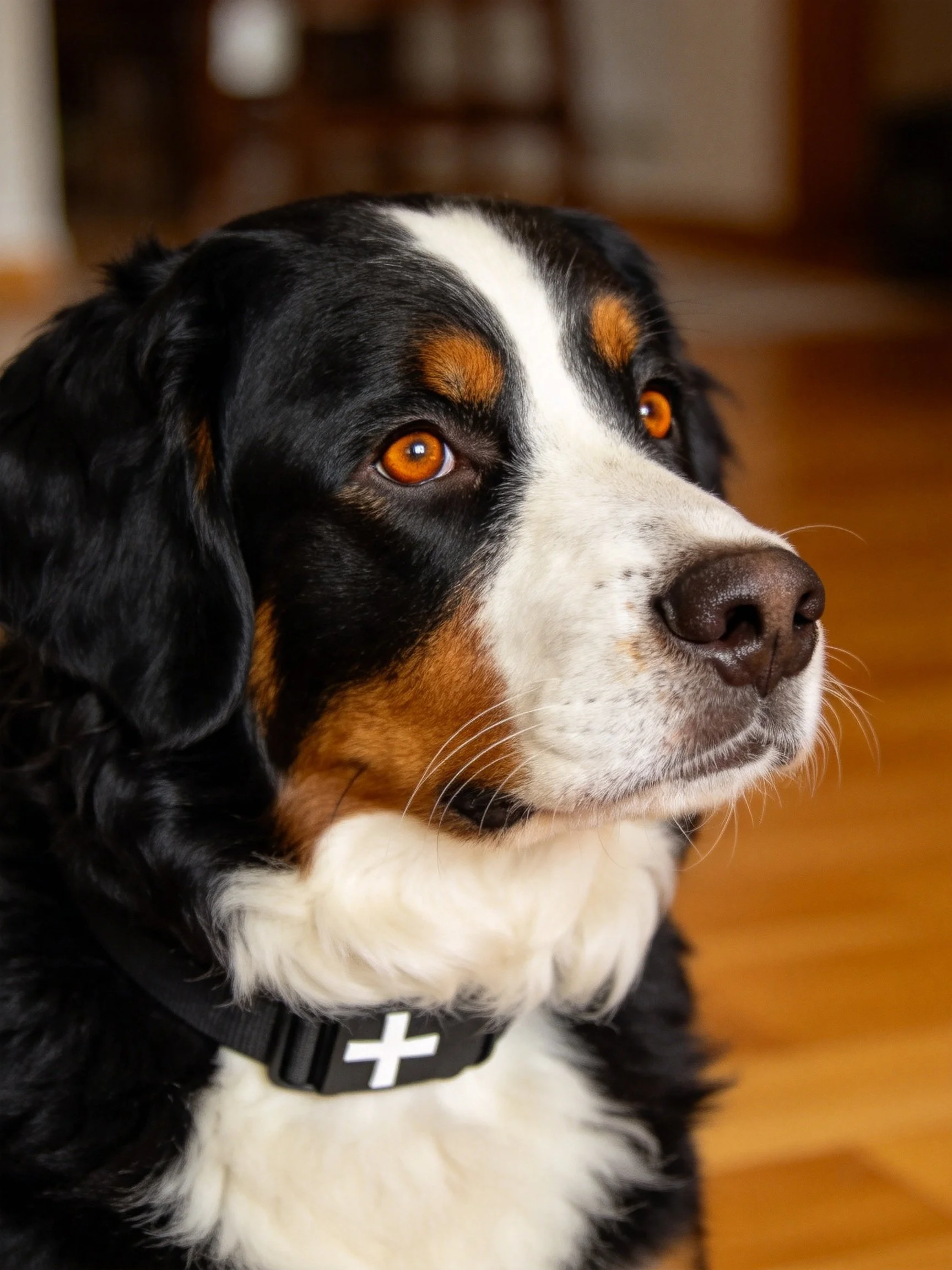 A Bernese Mountain Dog gazes attentively with amber eyes.