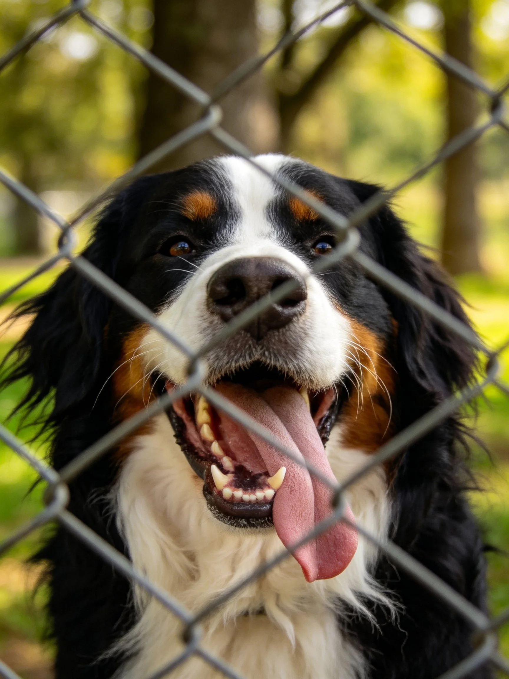 A Bernese Mountain Dog with tri-colored fur behind a chain-link fence