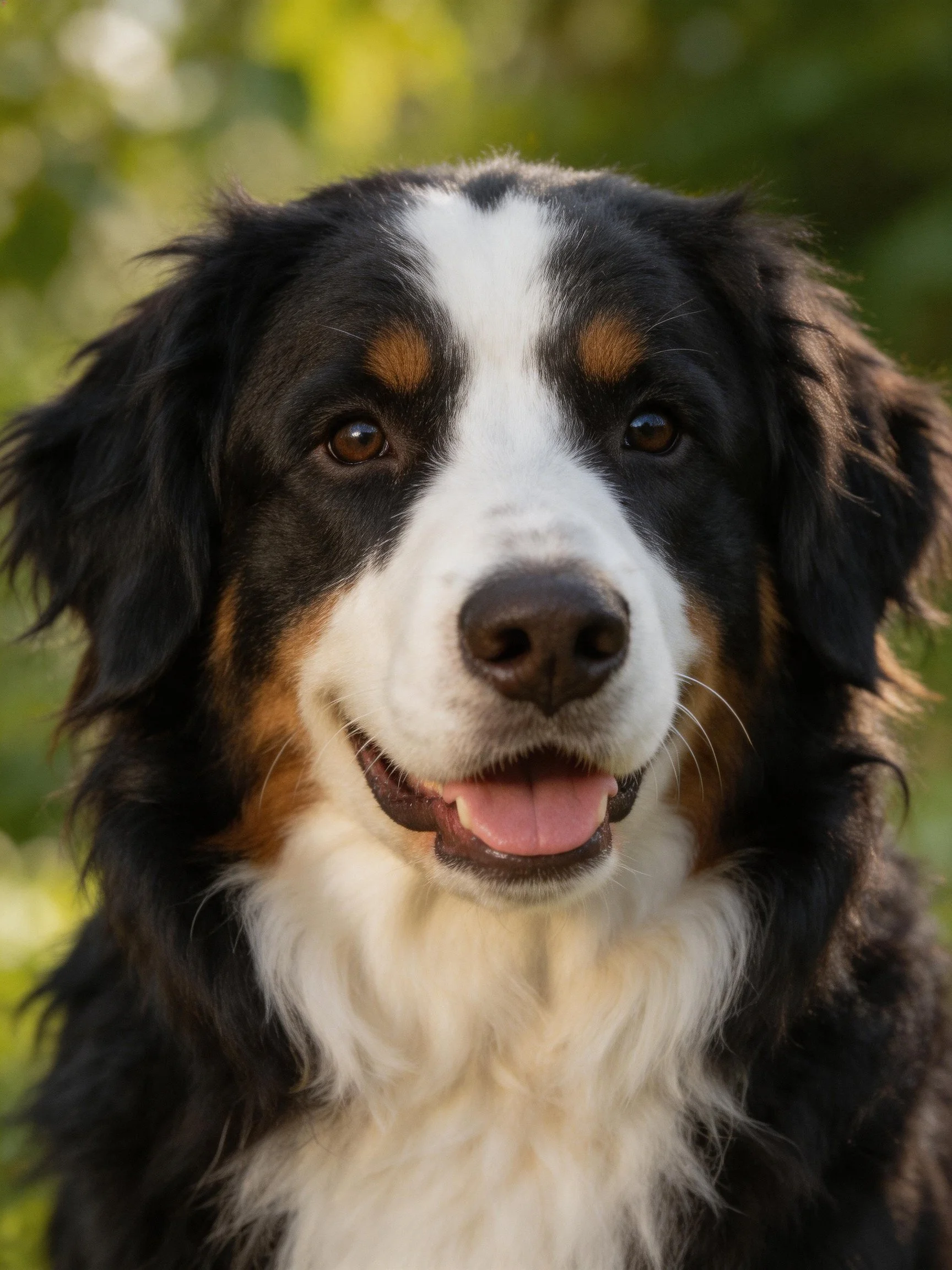 A Bernese Mountain Dog with tri-colored fur in a natural setting