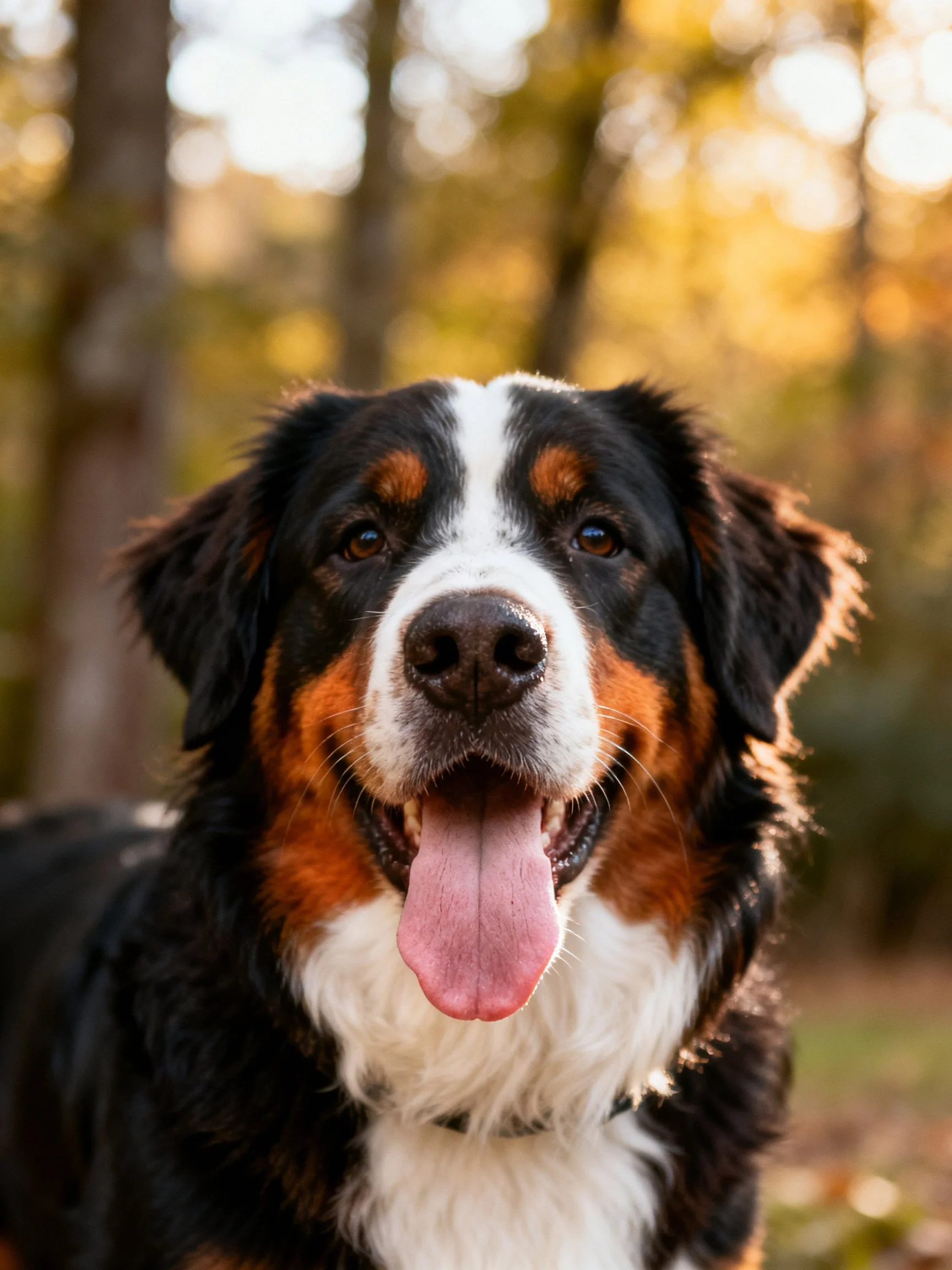 A Bernese Mountain Dog with tri - colored fur in a sunlit forest