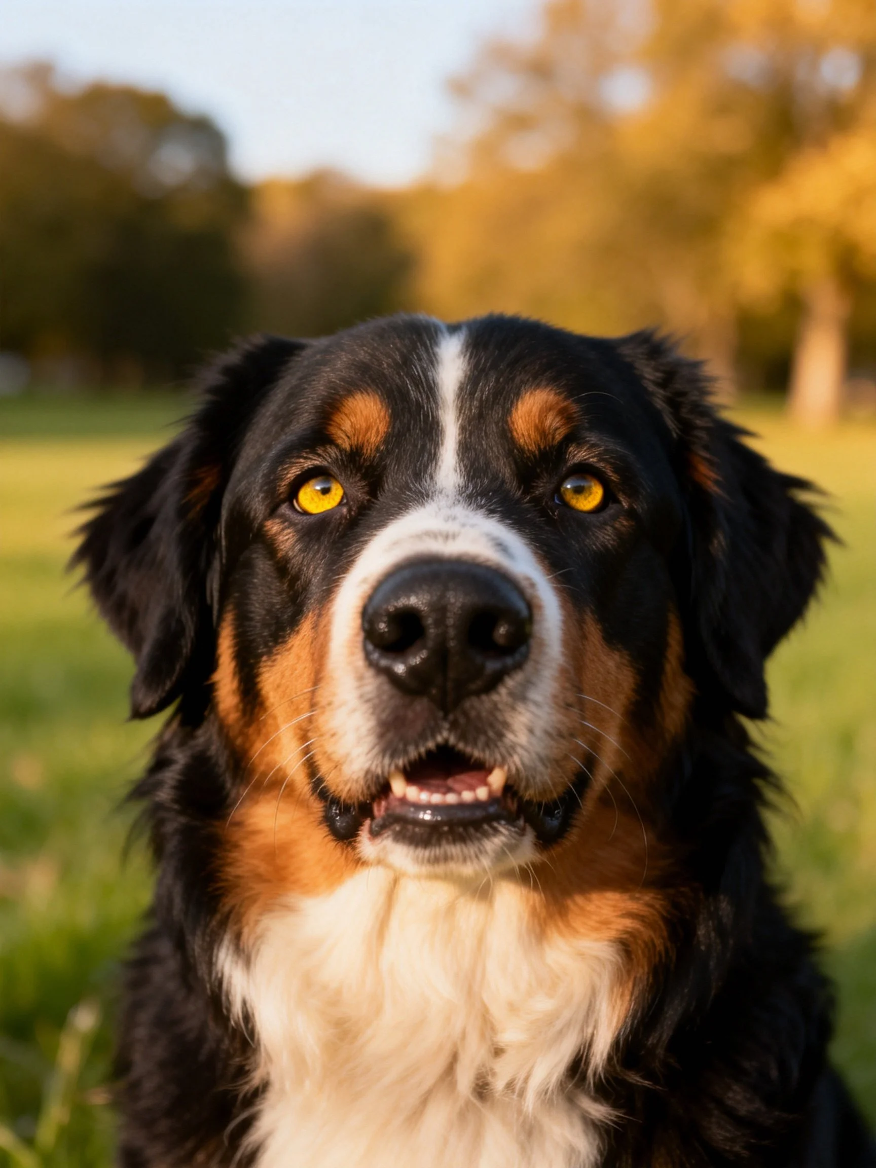 A Bernese Mountain Dog with tri-colored fur in a sunlit meadow
