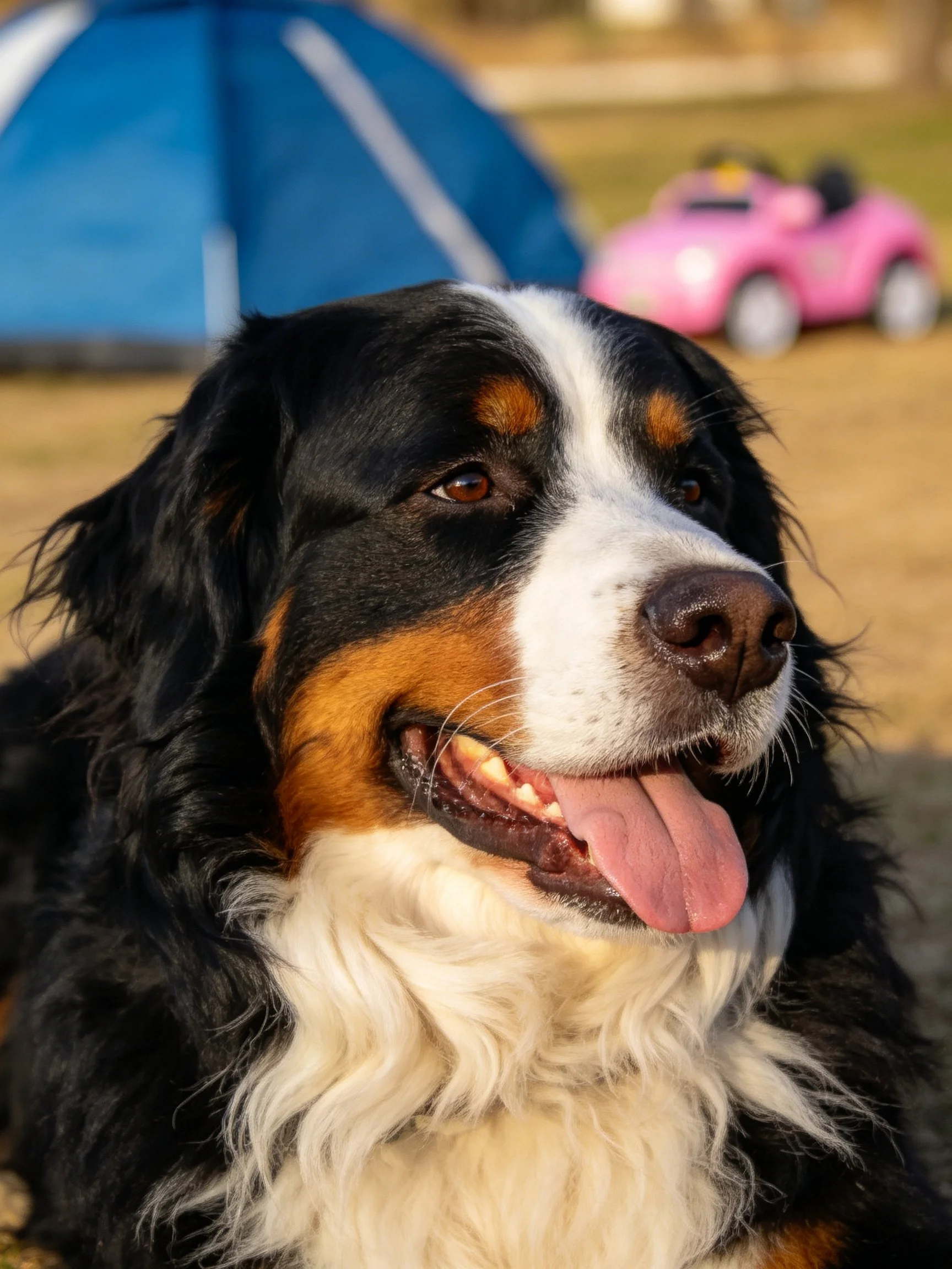A Bernese Mountain Dog with tri - colored fur near a blue tent and pink toy car