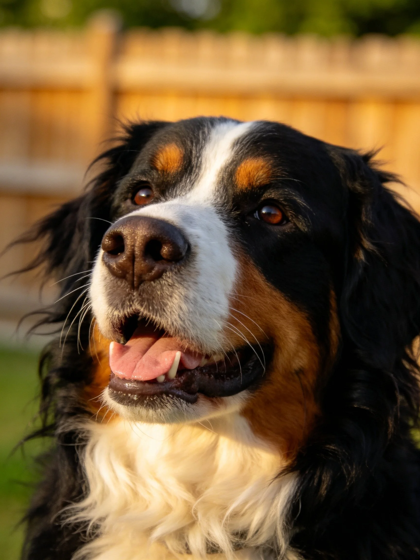 A Bernese Mountain Dog with tri-colored fur near a wooden fence