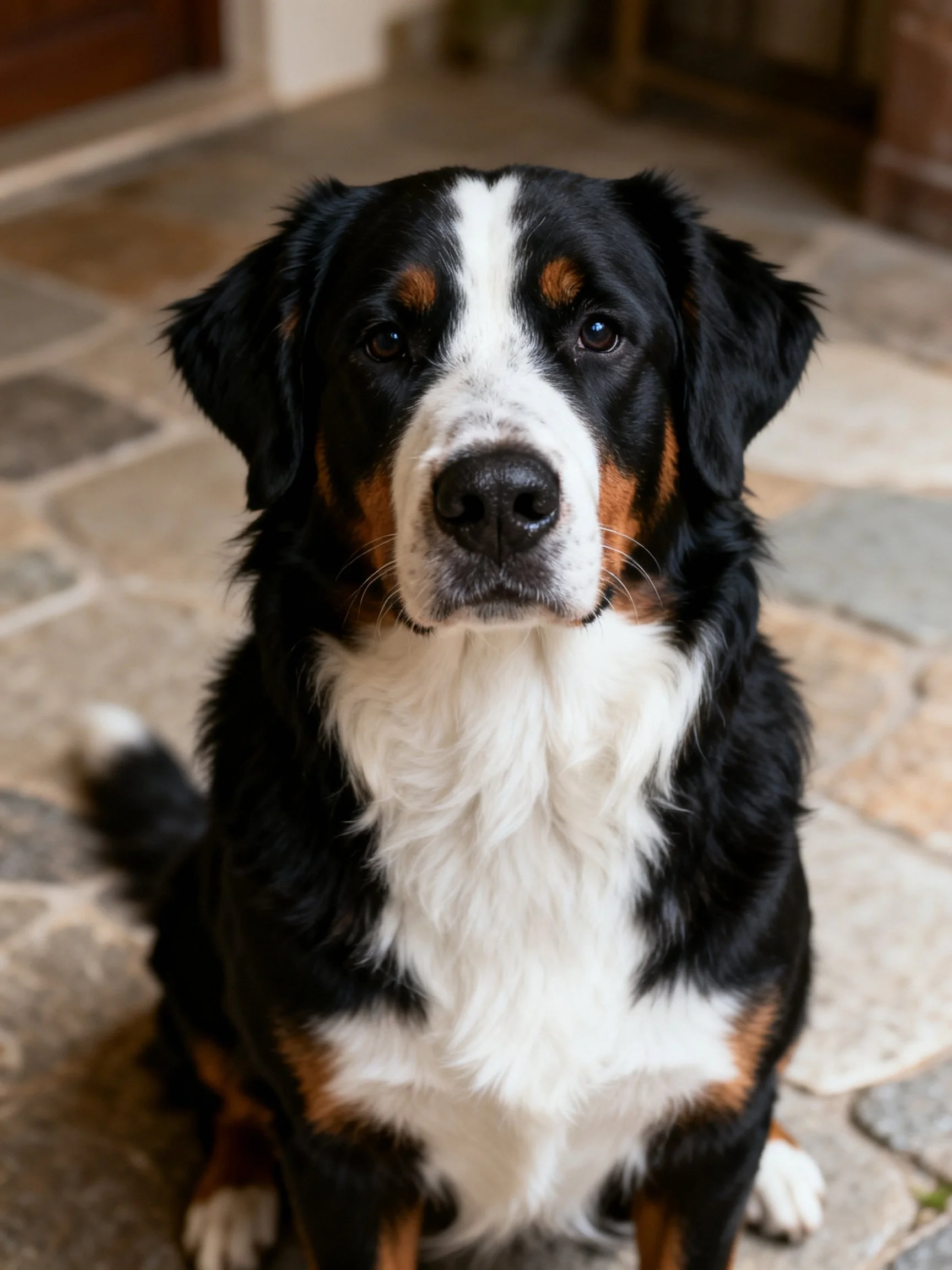 A Bernese Mountain Dog with tri - colored fur sits on stone tiles