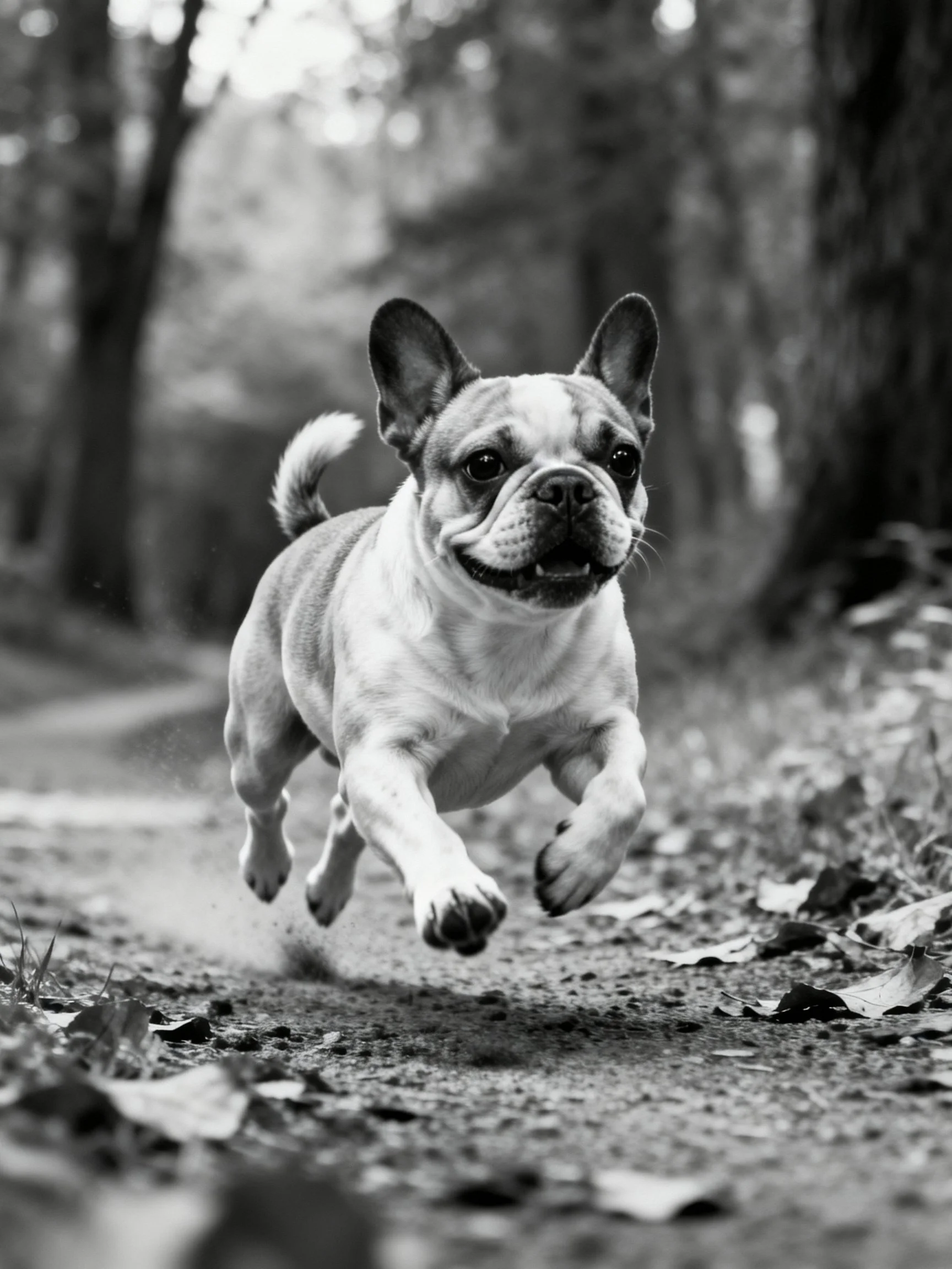 A black - and - white French Bulldog runs energetically through a wooded area.