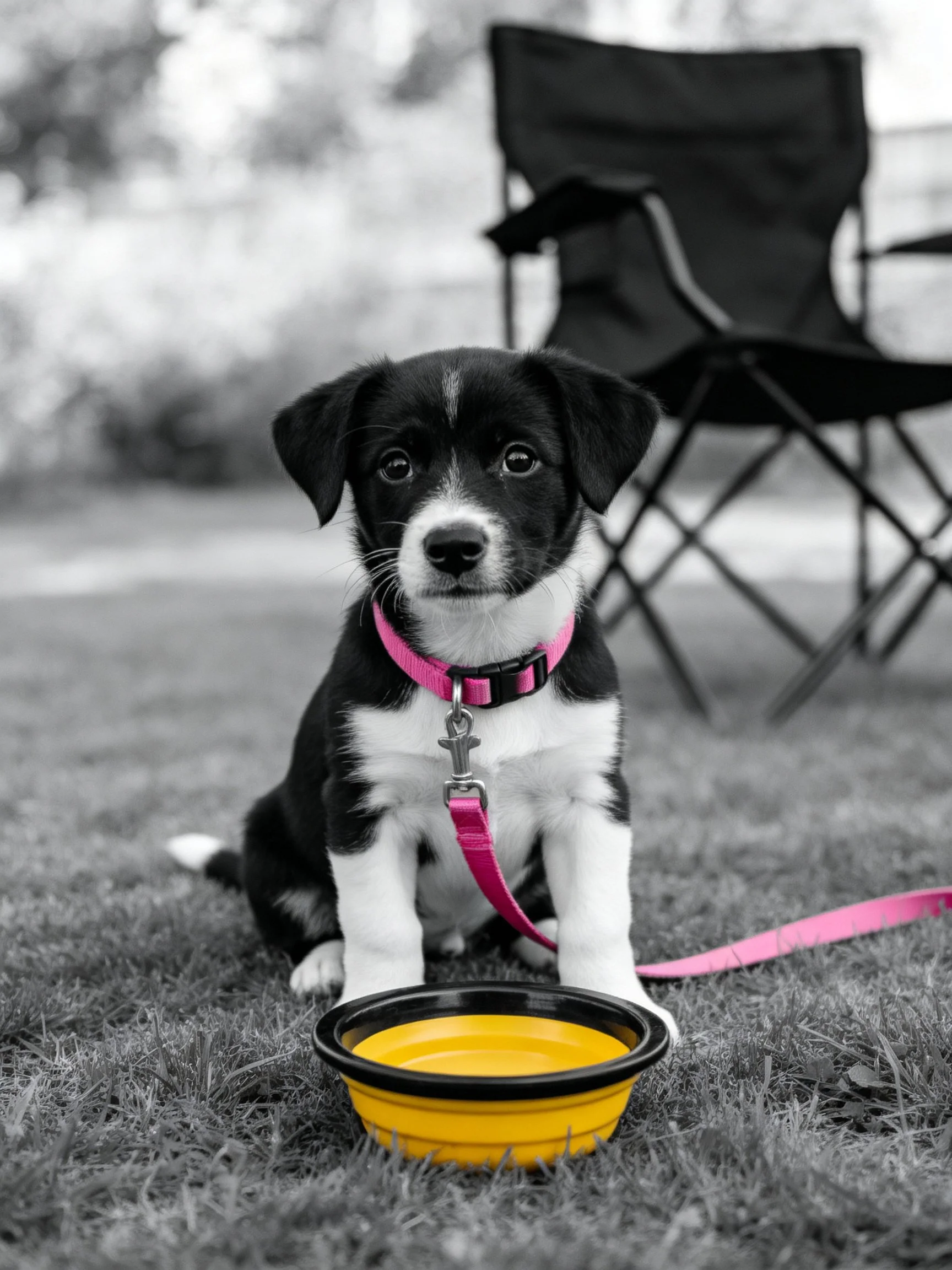 A Black and White Puppy with Pink Collar Sits Beside Yellow Bowl, Folding Chair in Background