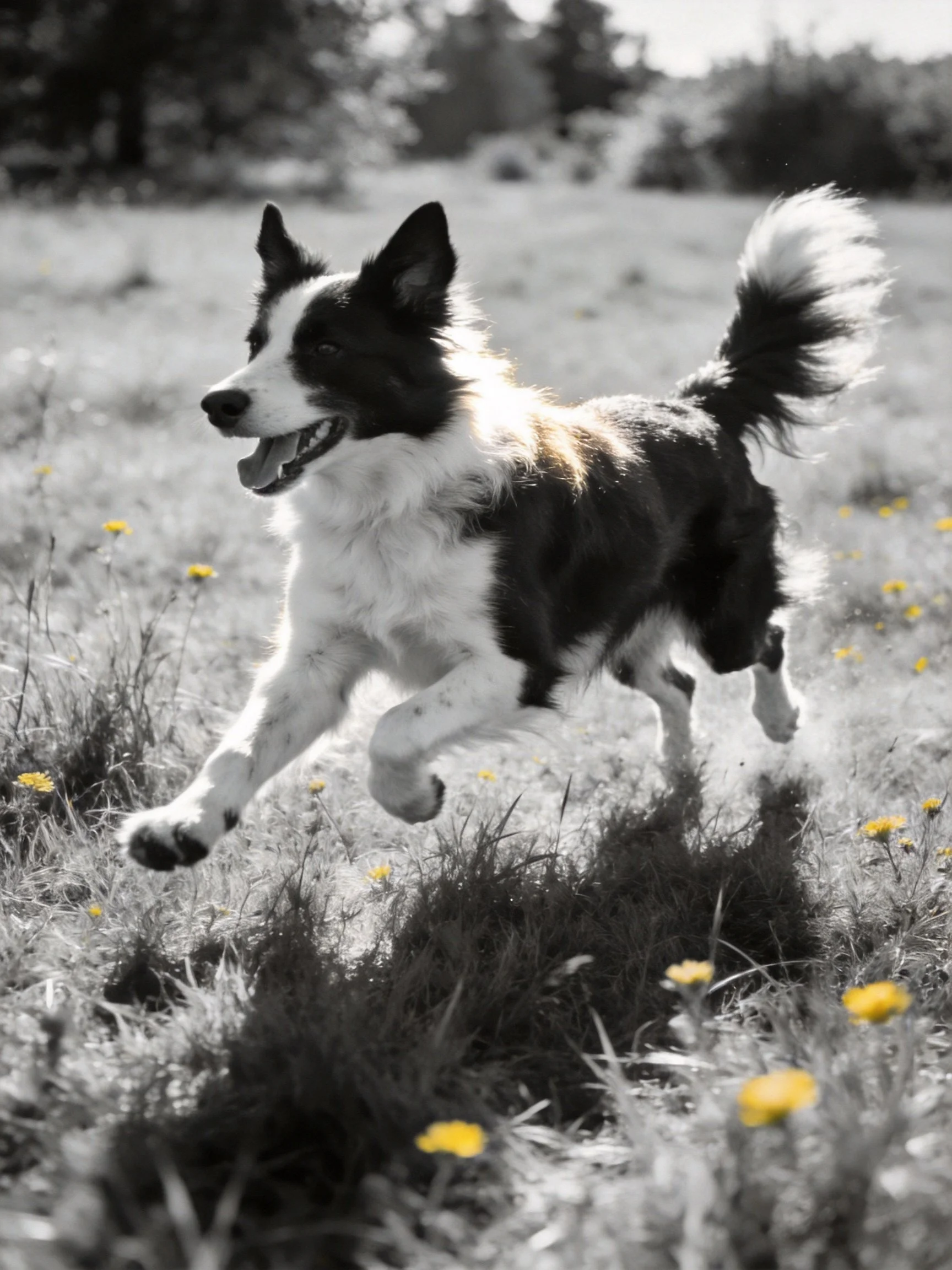 A Border Collie runs joyfully among yellow flowers in a grassy field