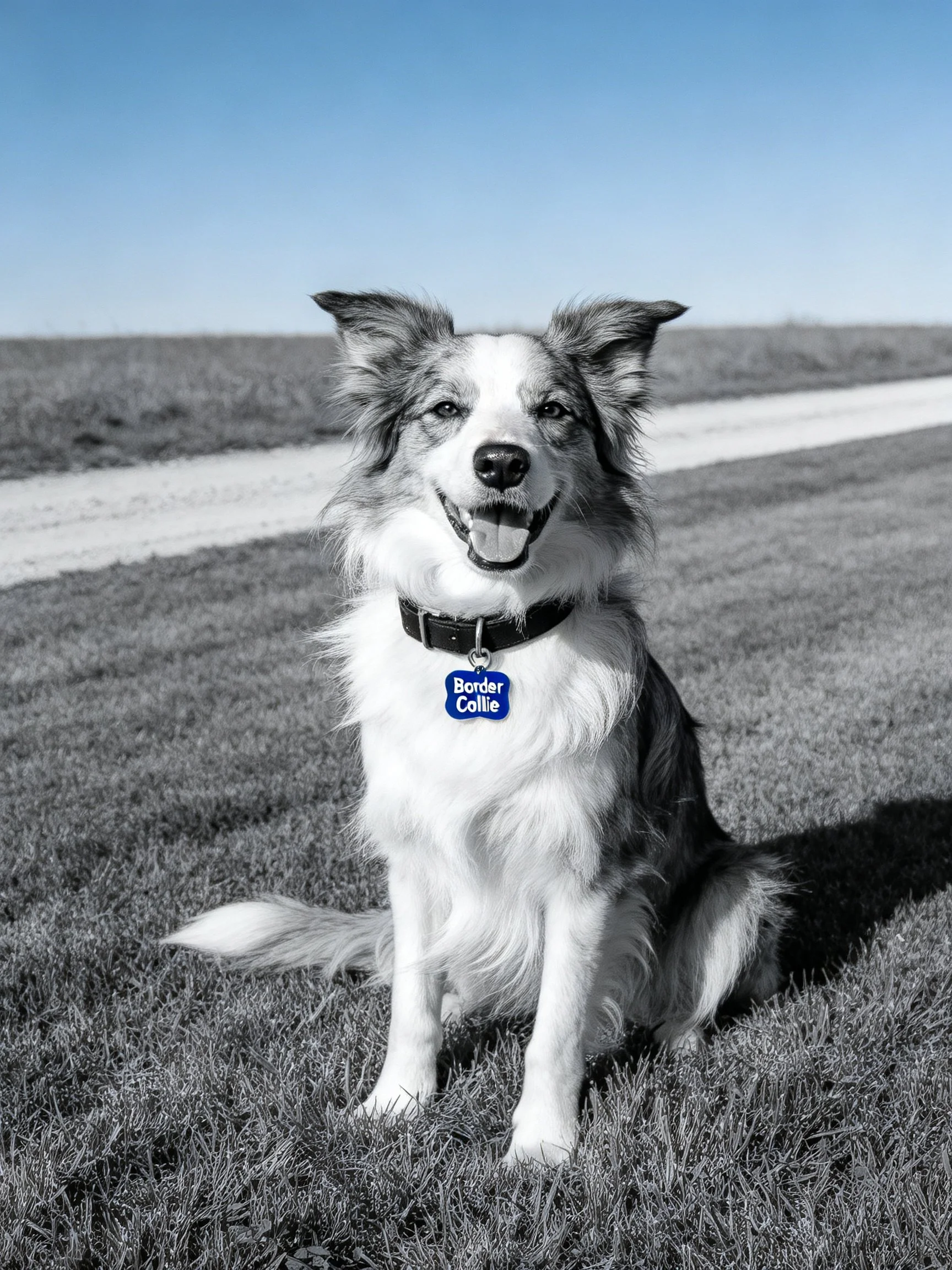 A Border Collie sits calmly on grass near a dirt path with a clear sky
