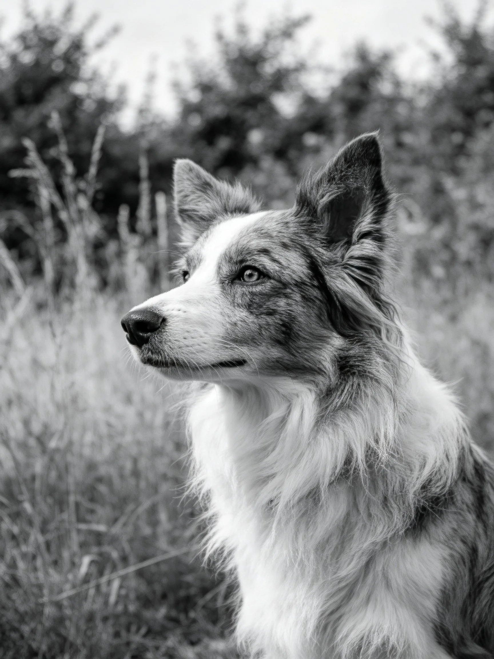 A Border Collie attentively gazes into the distance amid tall grass and foliage.