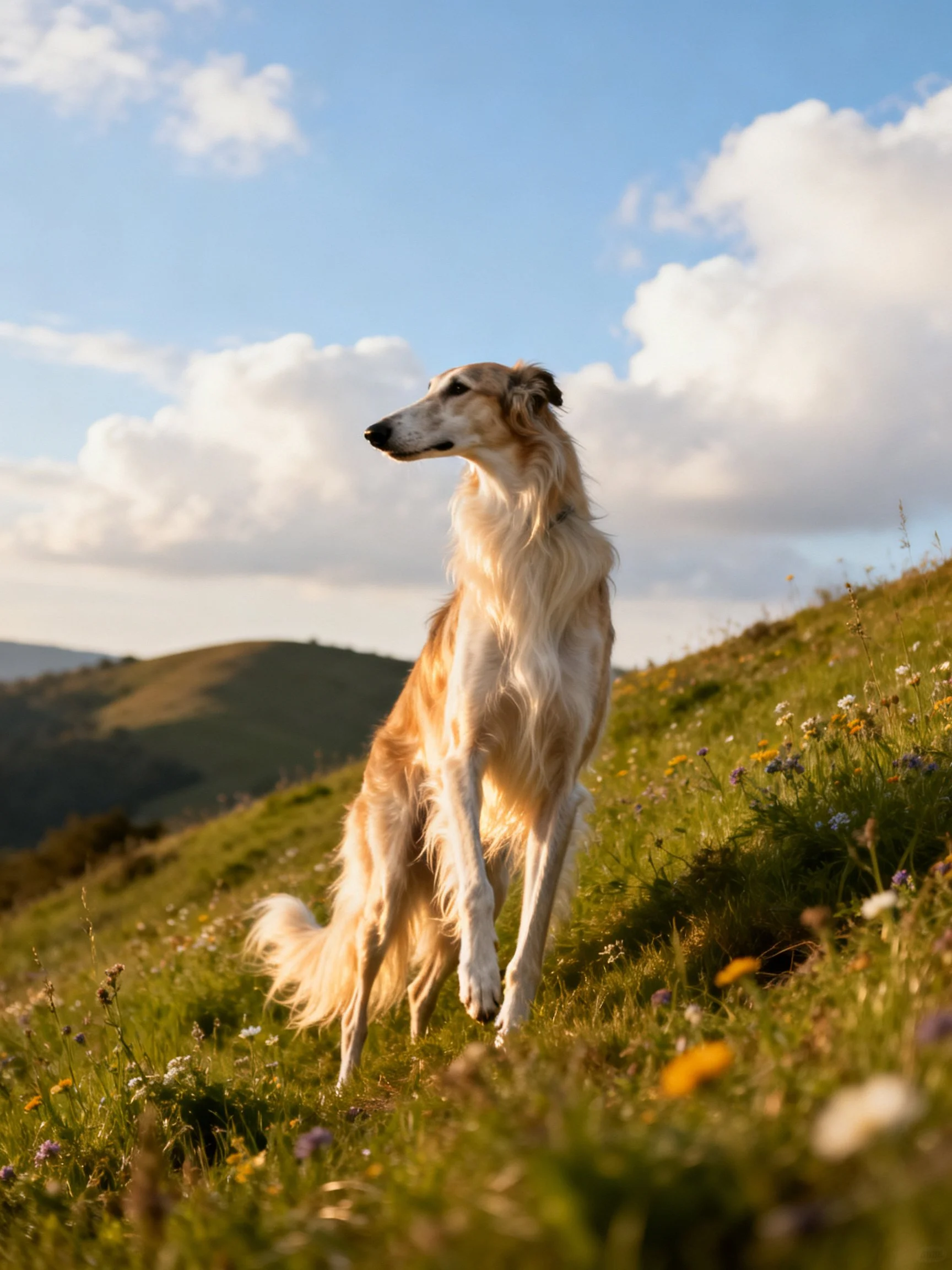 A Borzoi dog stands on a flowered grassy hill under a bright sky
