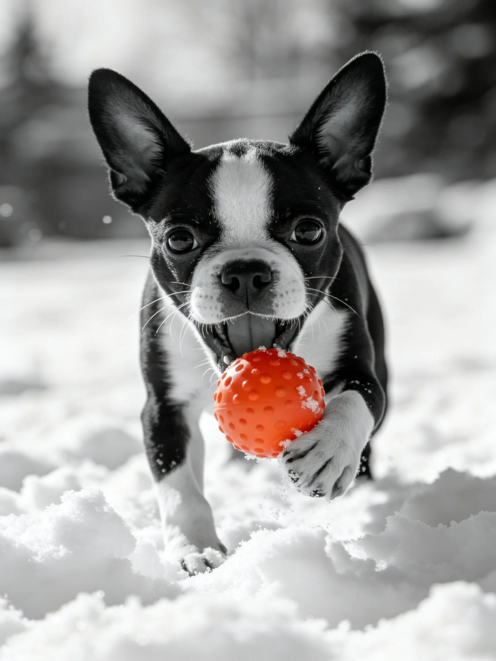 A Boston Terrier carrying a bright red ball through snowy terrain