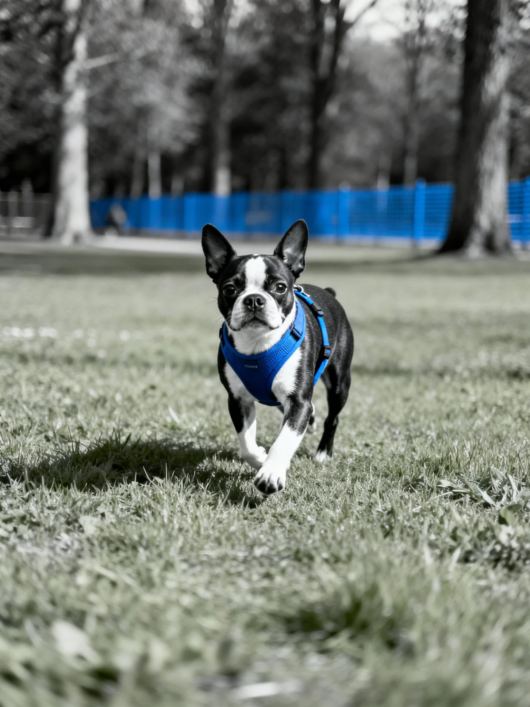 A Boston Terrier in a blue harness runs on grass near trees