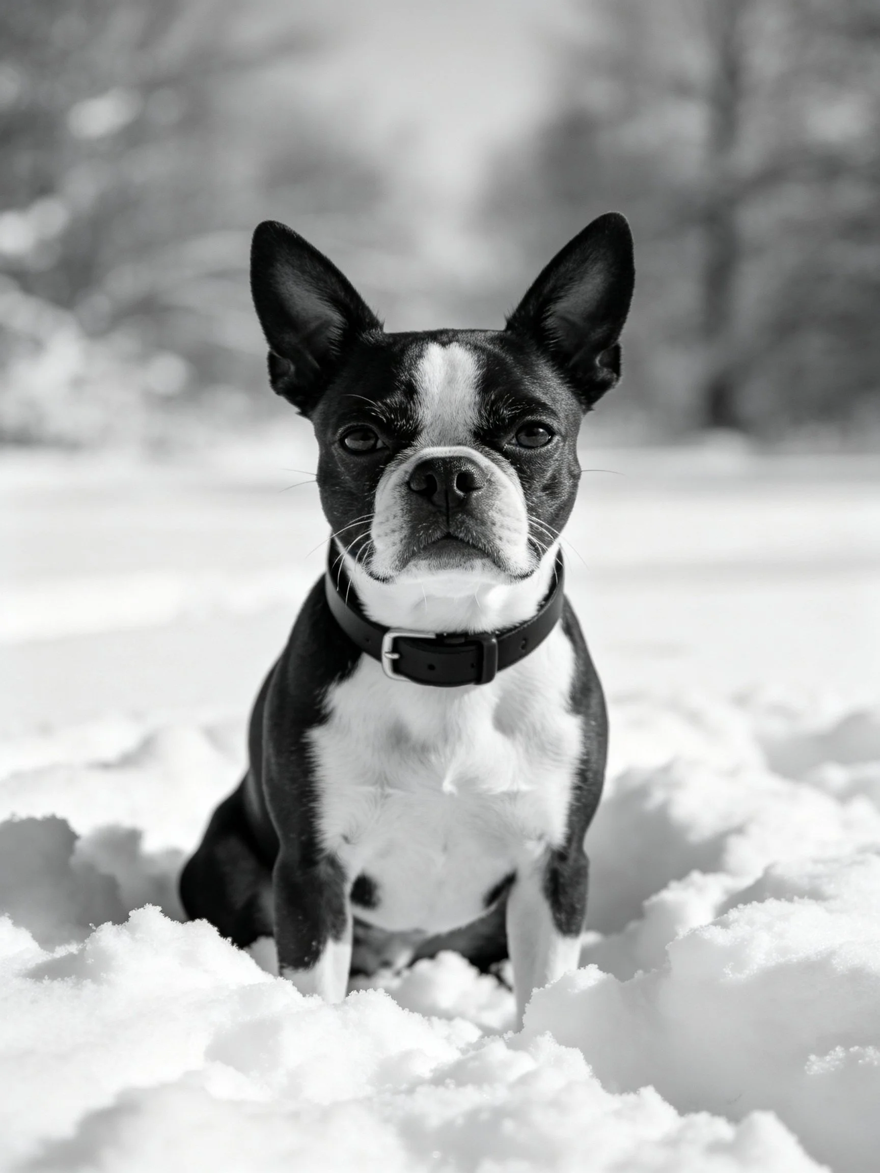 A Boston Terrier remains seated in deep snow, displaying its unique black and white coloring.