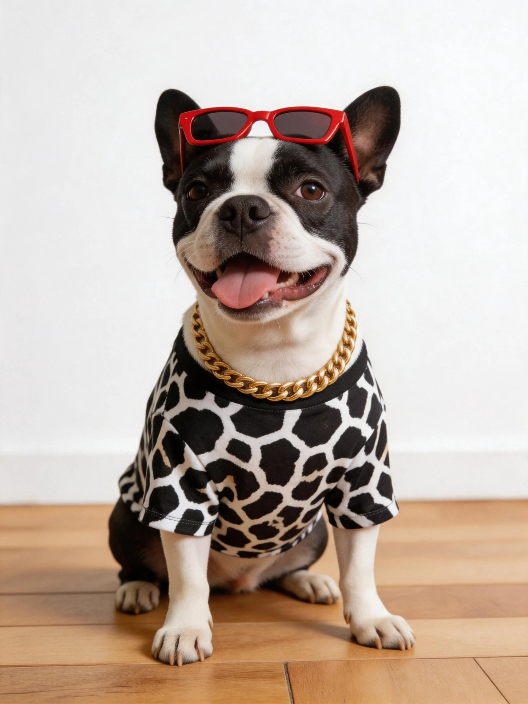 A Boston Terrier wearing red sunglasses, a gold chain,and a black - white patterned shirt