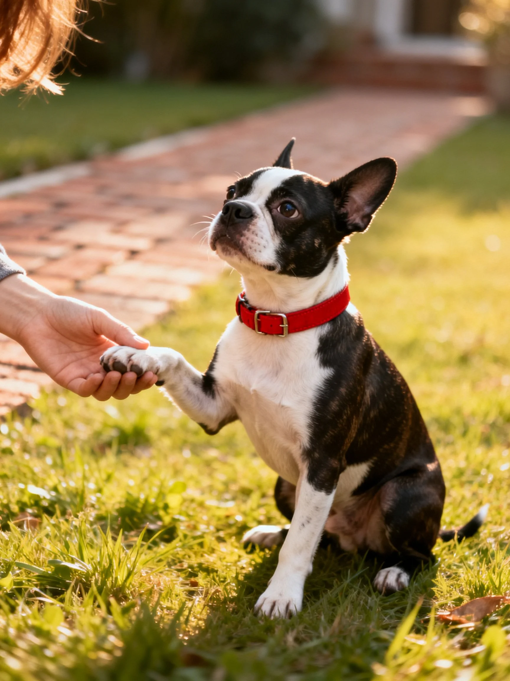 A Boston Terrier shakes hands with a person on a grassy lawn.