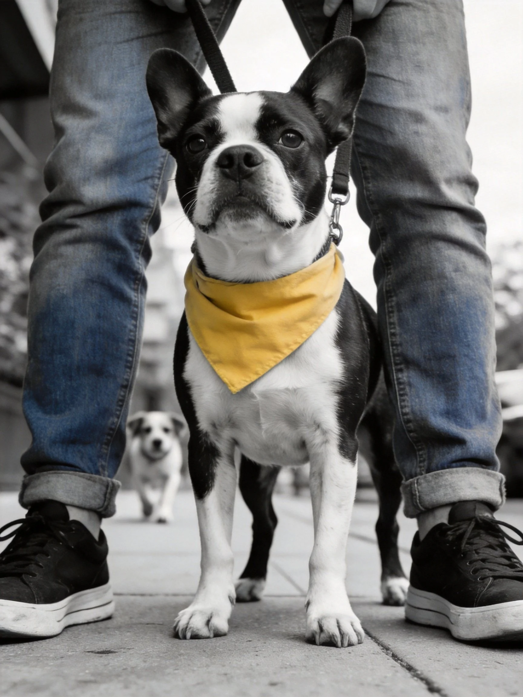 A Boston Terrier with a yellow bandana stands between jeans-clad legs, with another dog in the background.